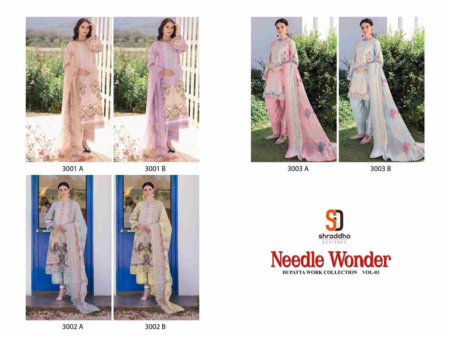 Needle Wonder Dupatta Work Collection Vol-3 By Shraddha Designer 3001-A To 3003-B Series Designer Pakistani Suits Beautiful Fancy Stylish Colorful Party Wear & Occasional Wear Pure Cotton Print With Embroidery Dresses At Wholesale Price