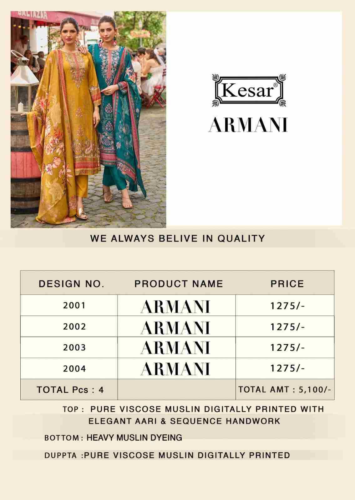 Armani By Kesar 2001 To 2004 Series Beautiful Festive Suits Colorful Stylish Fancy Casual Wear & Ethnic Wear Viscose Muslin Dresses At Wholesale Price