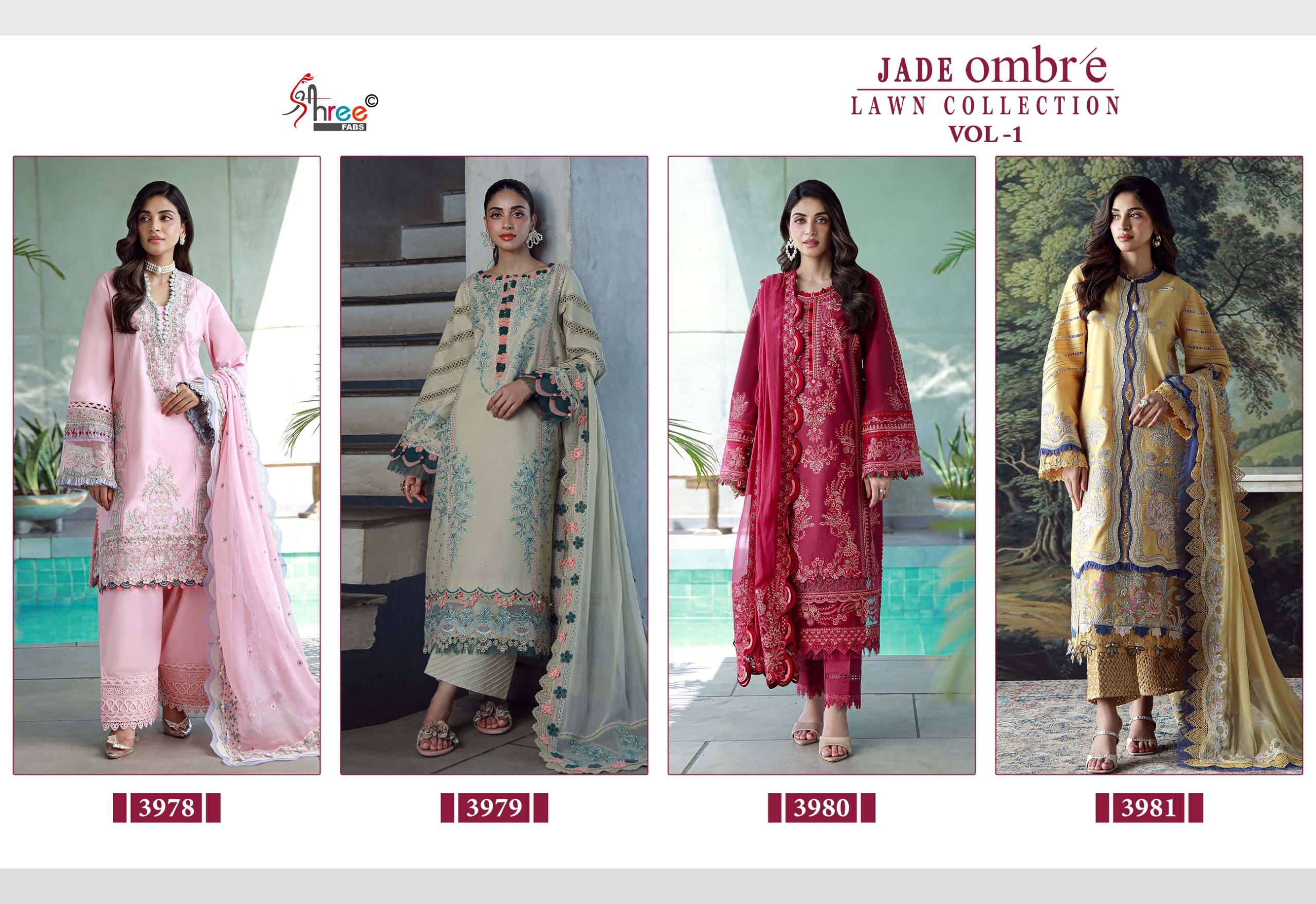 Jade Ombre Lawn Collection Vol-1 By Shree Fabs 3978 To 3981 Series Beautiful Pakistani Suits Colorful Stylish Fancy Casual Wear & Ethnic Wear Pure Cotton Embroidered Dresses At Wholesale Price