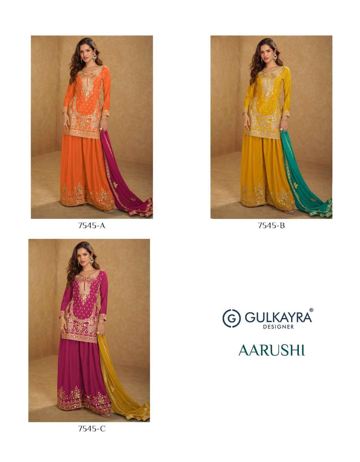 Aarushi By Gulkayra Designer 7545-A To 7545-C Series Designer Sharara Suits Collection Beautiful Stylish Fancy Colorful Party Wear & Occasional Wear Heavy Chinnon Dresses At Wholesale Price
