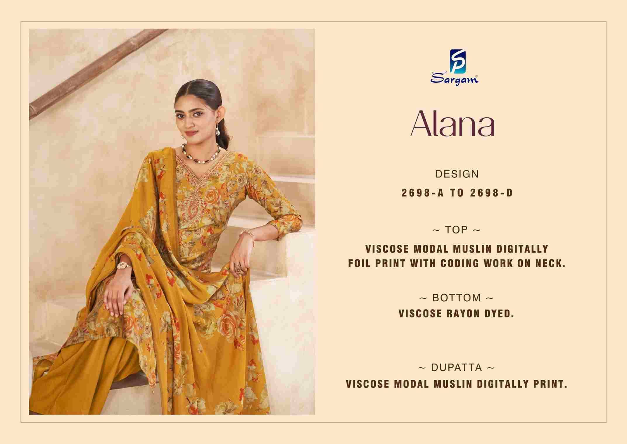 Alana By Sargam Prints 2698-A To 2698-D Series Beautiful Festive Suits Stylish Fancy Colorful Casual Wear & Ethnic Wear Pure Viscose Muslin Print Dresses At Wholesale Price