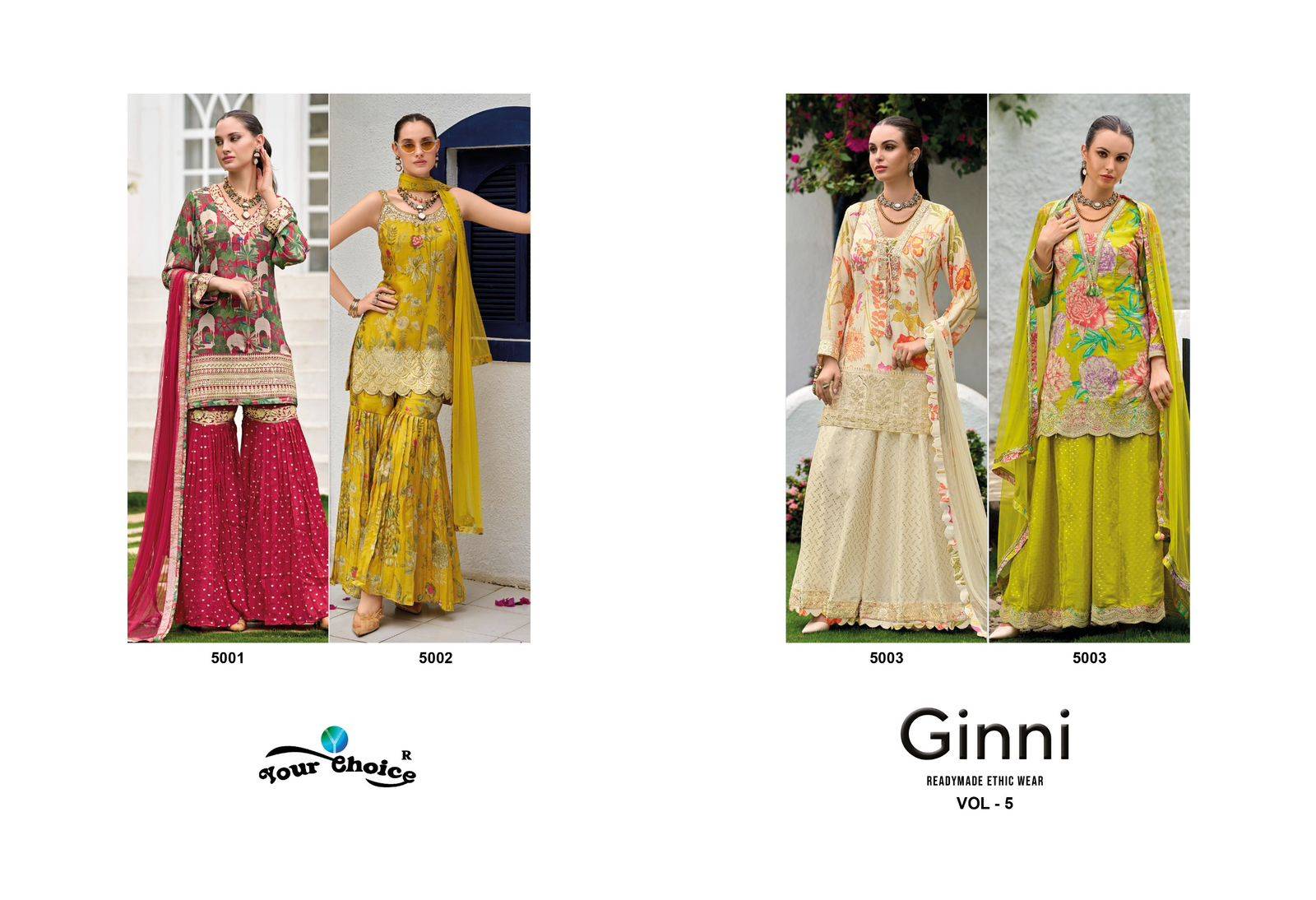 Ginni Vol-5 By Your Choice 5001 To 5004 Series Designer Sharara Suits Beautiful Fancy Colorful Stylish Party Wear & Occasional Wear Heavy Chinnon Dresses At Wholesale Price