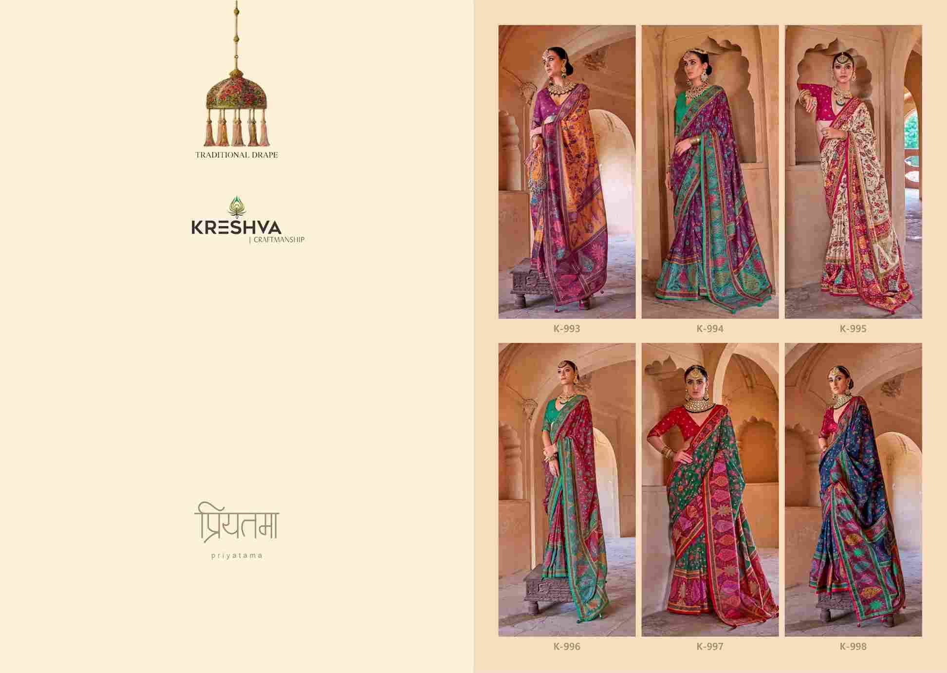 Priyatama By Kreshva 981 To 986 Series Indian Traditional Wear Collection Beautiful Stylish Fancy Colorful Party Wear & Occasional Wear Silk Sarees At Wholesale Price