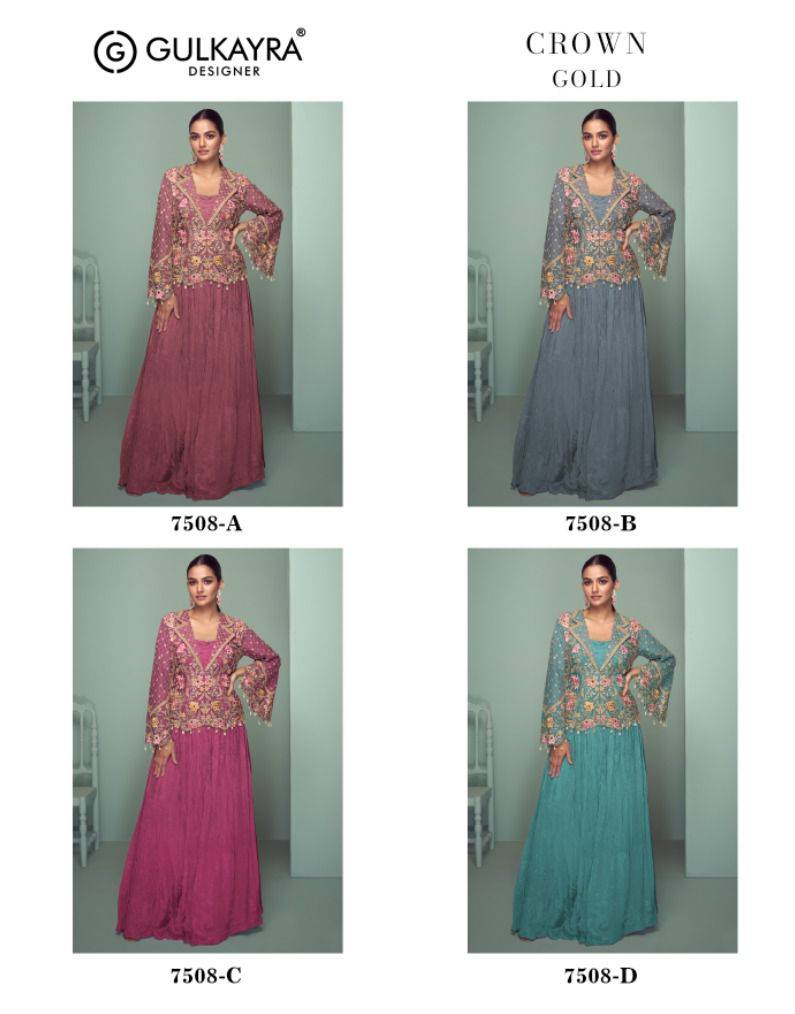 Crown Gold By Gulkayra Designer 7508-A To 7508-D Series Designer Beautiful Festive Collection Occasional Wear & Party Wear Pure Chinnon Crop Top With Bottom And Jacket At Wholesale Price