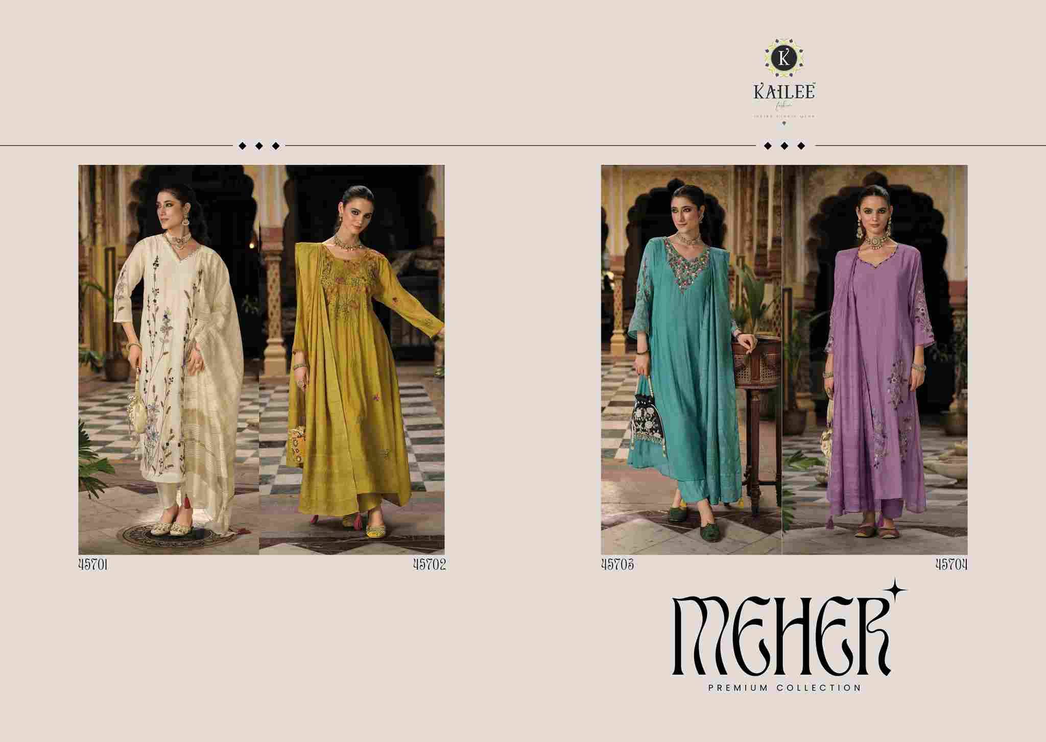 Meher By Kailee 45701 To 45704 Series Beautiful Festive Suits Colorful Stylish Fancy Casual Wear & Ethnic Wear Pure Chanderi Dresses At Wholesale Price