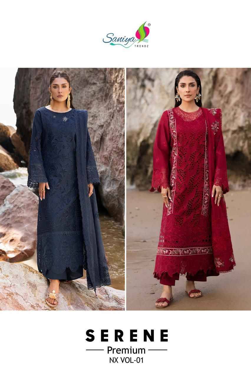Serene Premium Nx Vol-1 By Saniya Trendz 1001 To 1002 Series Beautiful Pakistani Suits Colorful Stylish Fancy Casual Wear & Ethnic Wear Pure Cotton Embroidered Dresses At Wholesale Price