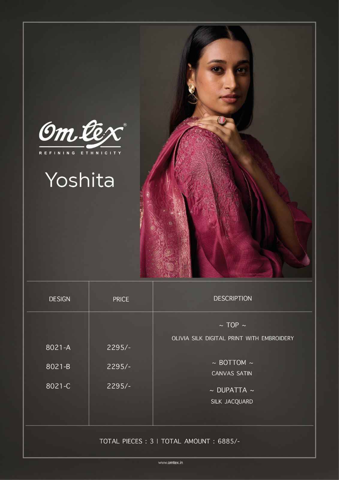 Yoshita By Om Tex 8021-A To 8021-C Series Beautiful Festive Suits Colorful Stylish Fancy Casual Wear & Ethnic Wear Silk Print With Work Dresses At Wholesale Price