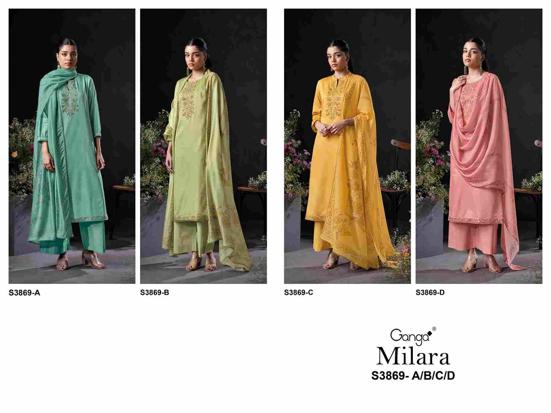 Milara-3869 By Ganga Fashion 3869-A To 3869-D Series Beautiful Festive Suits Colorful Stylish Fancy Casual Wear & Ethnic Wear Pure Cotton Satin Dresses At Wholesale Price