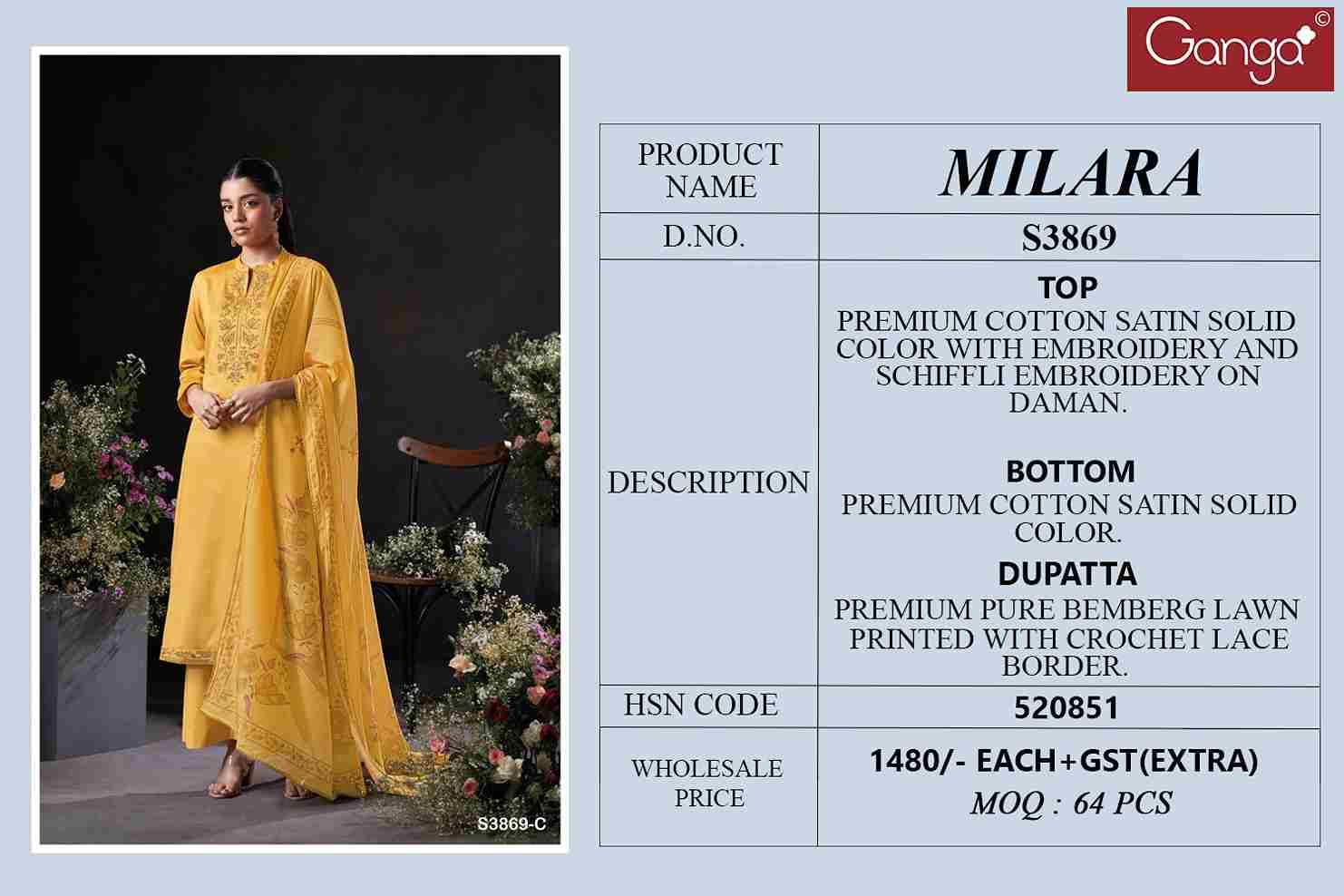 Milara-3869 By Ganga Fashion 3869-A To 3869-D Series Beautiful Festive Suits Colorful Stylish Fancy Casual Wear & Ethnic Wear Pure Cotton Satin Dresses At Wholesale Price