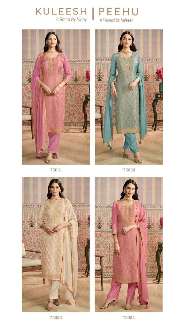 Peehu By Kuleesh 75031 To 75034 Series Designer Festive Suits Collection Beautiful Stylish Fancy Colorful Party Wear & Occasional Wear Simmer Jacquard Dresses At Wholesale Price
