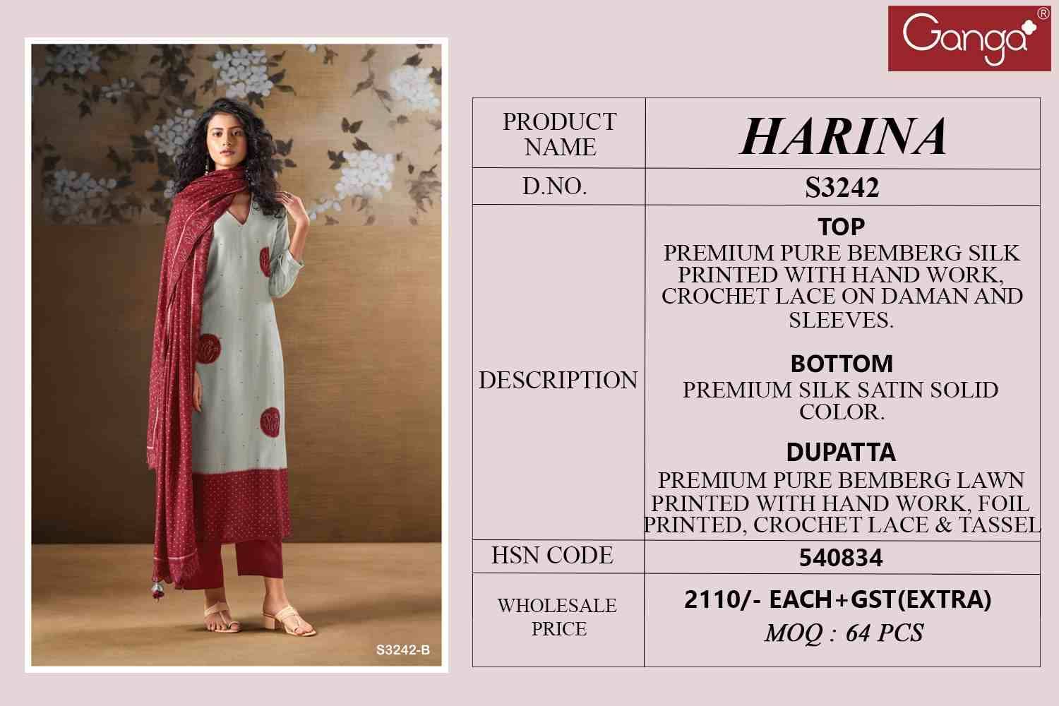 Harina-3242 By Ganga Fashion 3242-A To 3242-D Series Beautiful Festive Suits Colorful Stylish Fancy Casual Wear & Ethnic Wear Pure Bemberg Silk Dresses At Wholesale Price