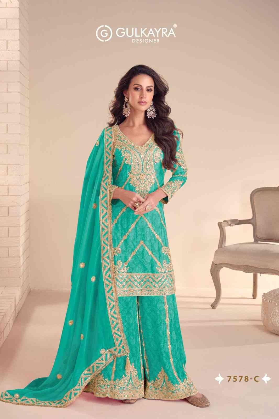 Rangoli By Gulkayra Designer 7578-A To 7578-C Series Designer Sharara Suits Collection Beautiful Stylish Fancy Colorful Party Wear & Occasional Wear Heavy Chinnon Dresses At Wholesale Price