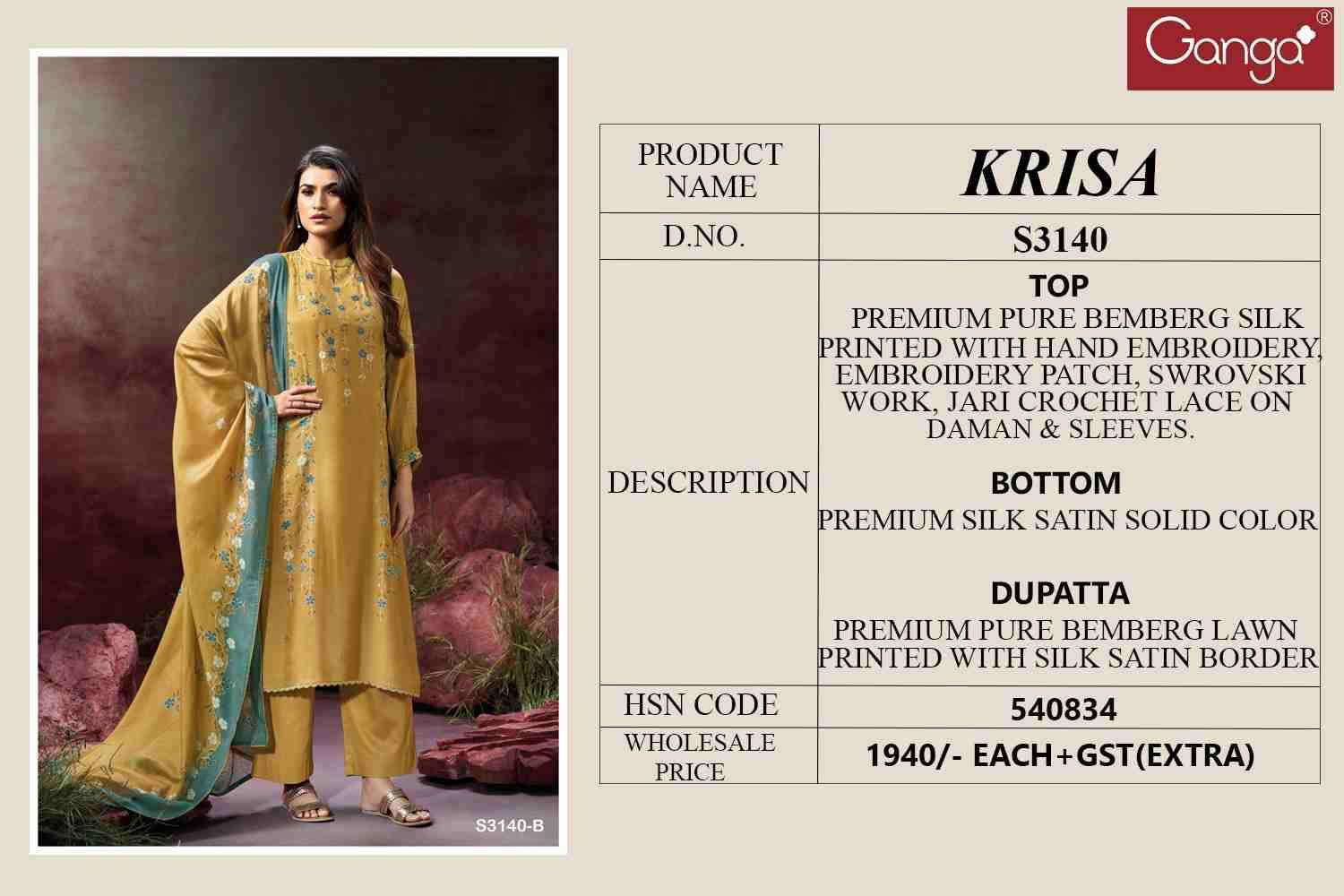 Krisa-3140 By Ganga Fashion 3140-A To 3140-D Series Beautiful Festive Suits Colorful Stylish Fancy Casual Wear & Ethnic Wear Pure Bemberg Silk Dresses At Wholesale Price