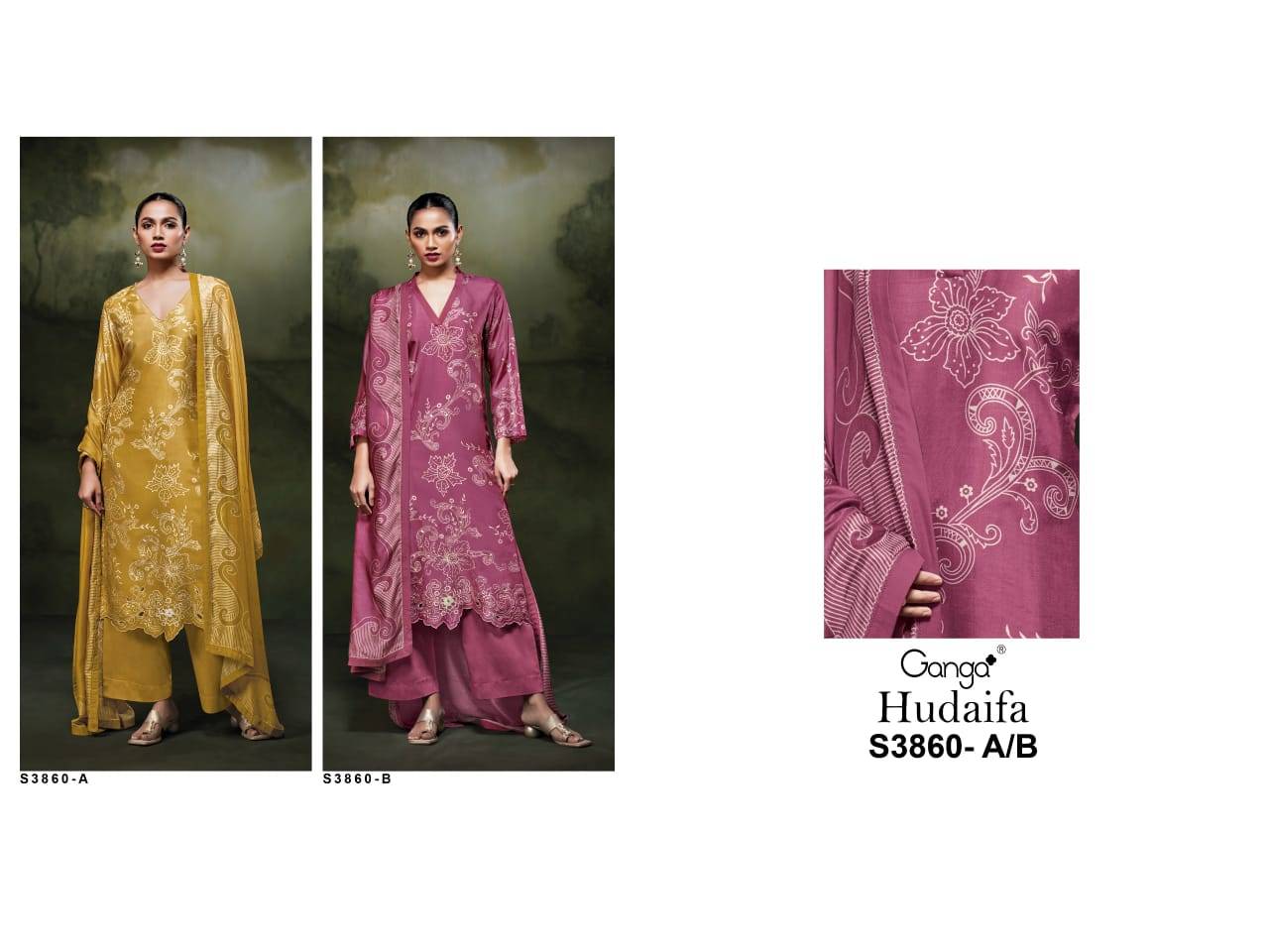 Hudaifa-3860 By Ganga Fashion 3860-A To 3860-B Series Beautiful Festive Suits Colorful Stylish Fancy Casual Wear & Ethnic Wear Pure Bemberg Silk Dresses At Wholesale Price