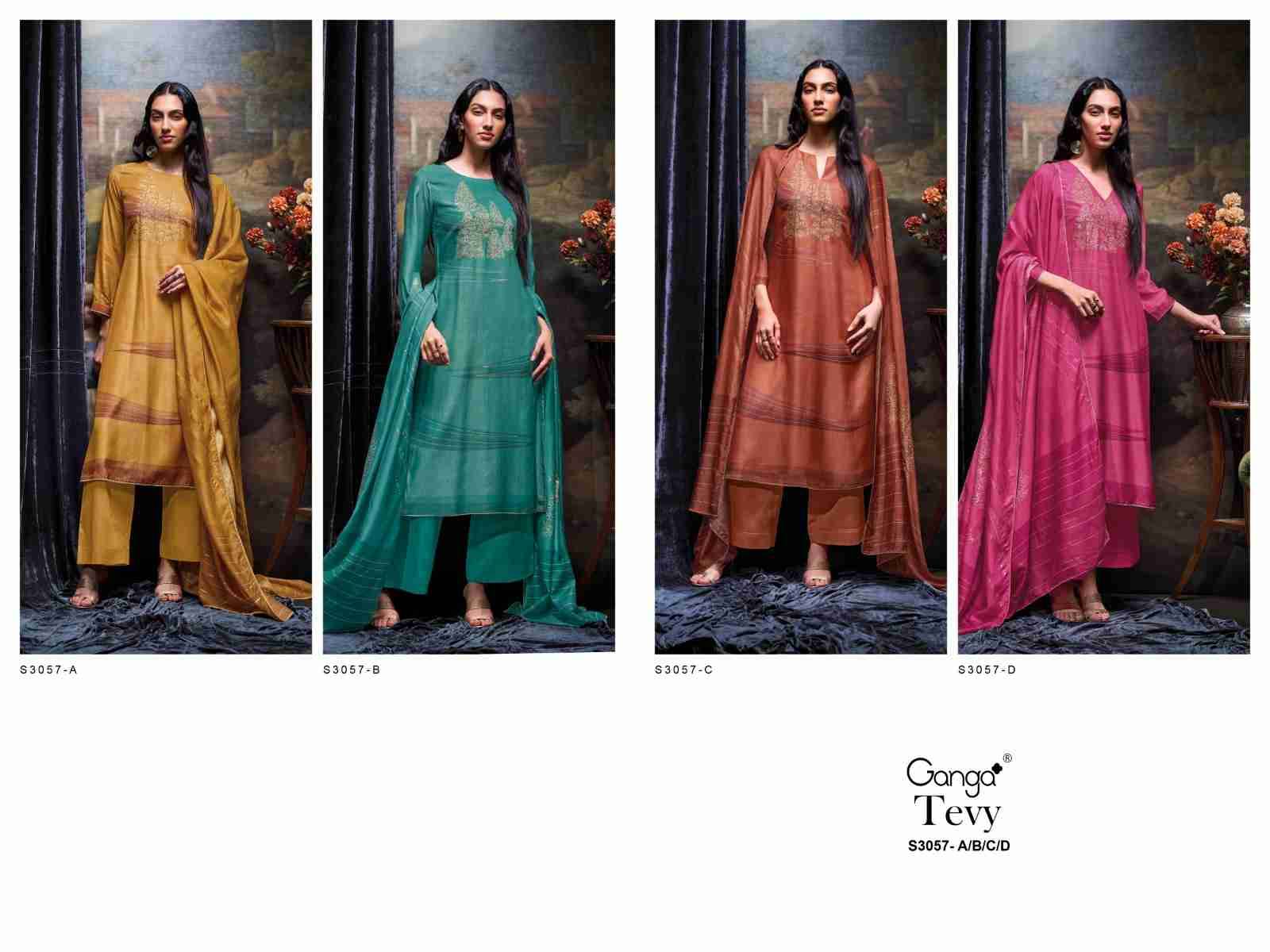 Tevy-3057 By Ganga Fashion 3057-A To 3057-D Series Beautiful Festive Suits Colorful Stylish Fancy Casual Wear & Ethnic Wear Pure Bemberg Silk Dresses At Wholesale Price
