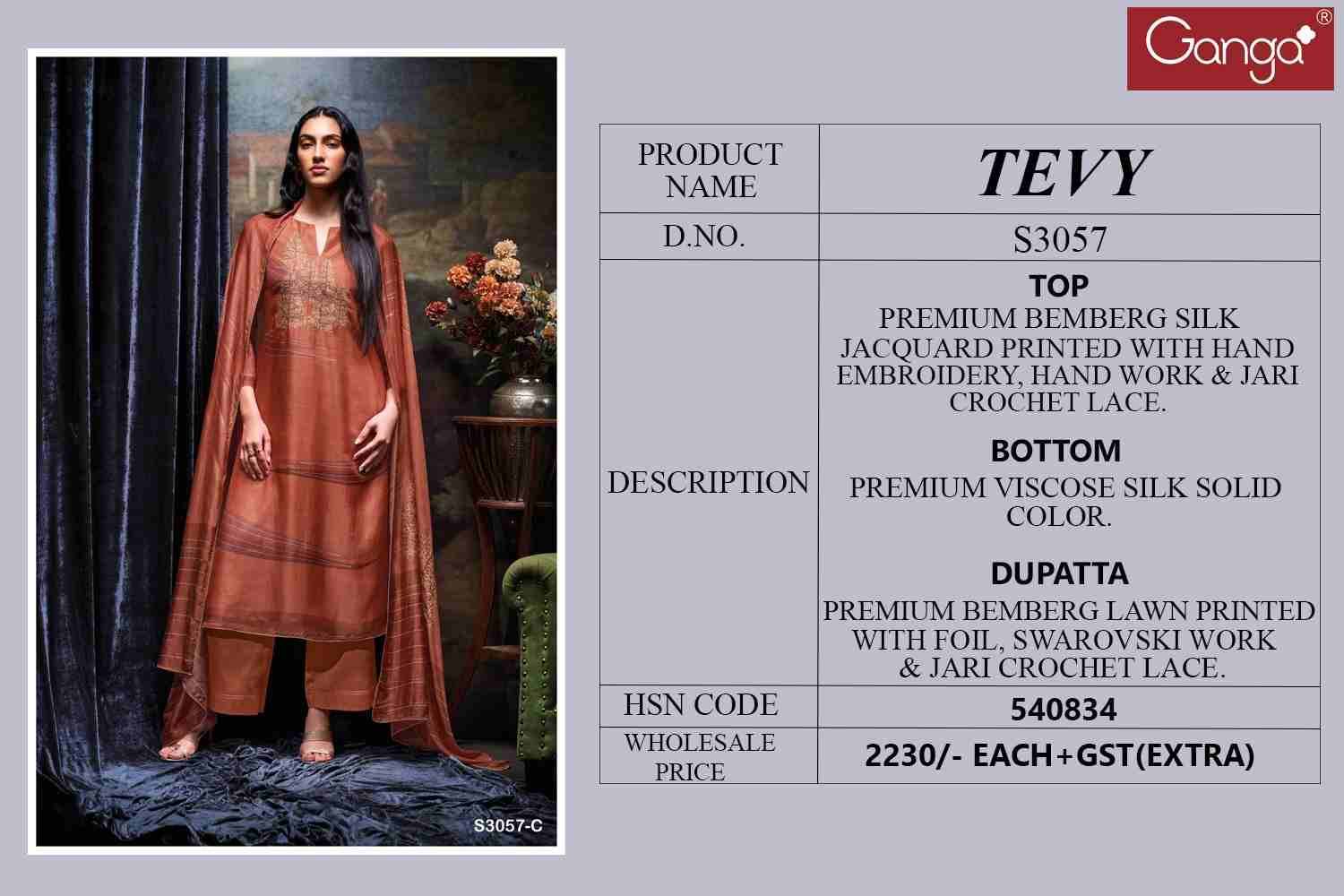 Tevy-3057 By Ganga Fashion 3057-A To 3057-D Series Beautiful Festive Suits Colorful Stylish Fancy Casual Wear & Ethnic Wear Pure Bemberg Silk Dresses At Wholesale Price