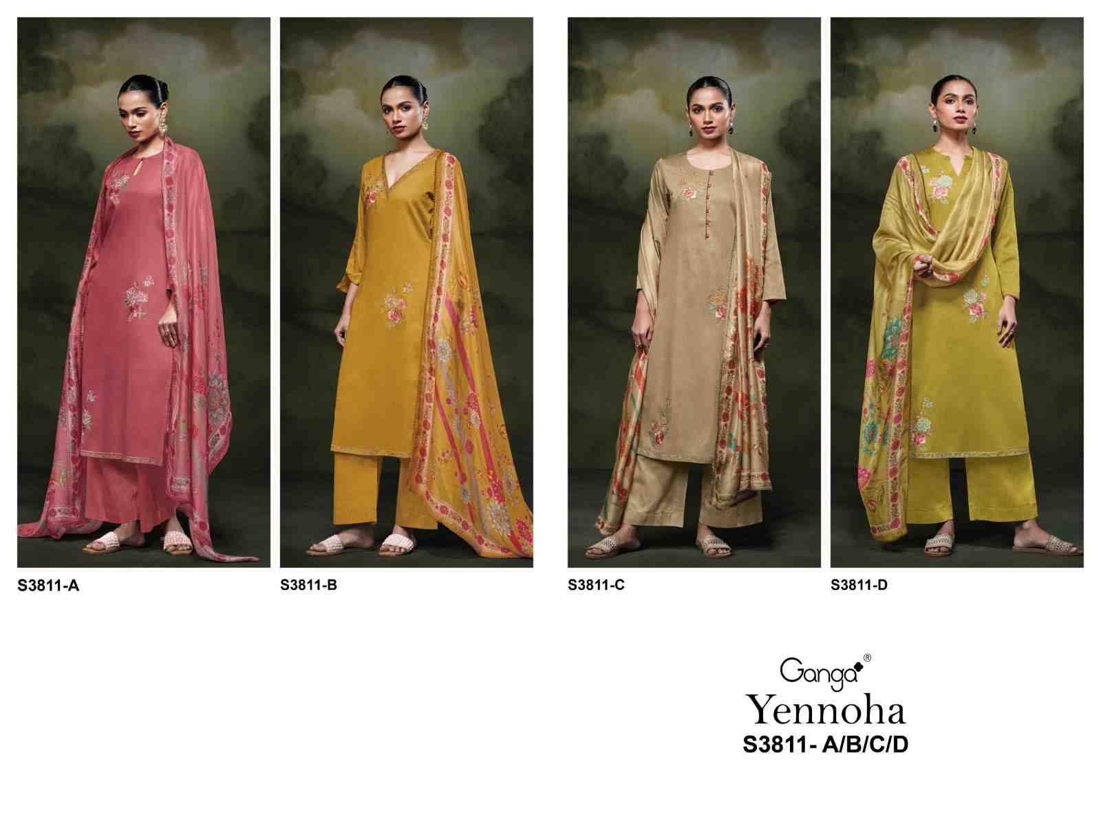 Yennoha-3811 By Ganga Fashion 3811-A To 3811-D Series Beautiful Festive Suits Colorful Stylish Fancy Casual Wear & Ethnic Wear Pure Cotton Satin Dresses At Wholesale Price