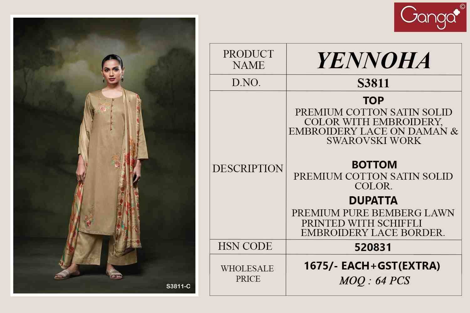 Yennoha-3811 By Ganga Fashion 3811-A To 3811-D Series Beautiful Festive Suits Colorful Stylish Fancy Casual Wear & Ethnic Wear Pure Cotton Satin Dresses At Wholesale Price