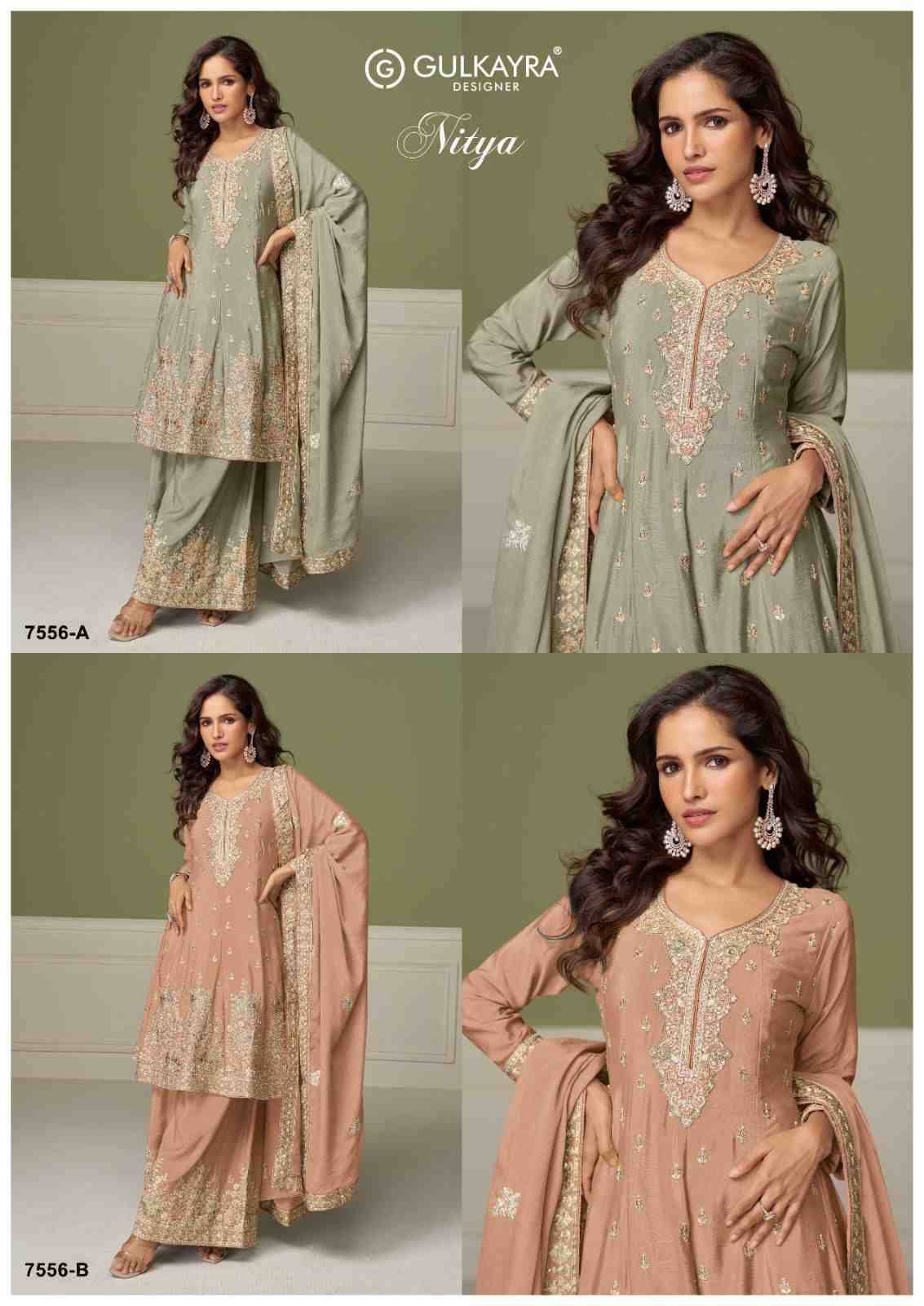 Nitya By Gulkayra Designer 7556-A To 7556-B Series Designer Sharara Suits Collection Beautiful Stylish Fancy Colorful Party Wear & Occasional Wear Heavy Chinnon Dresses At Wholesale Price