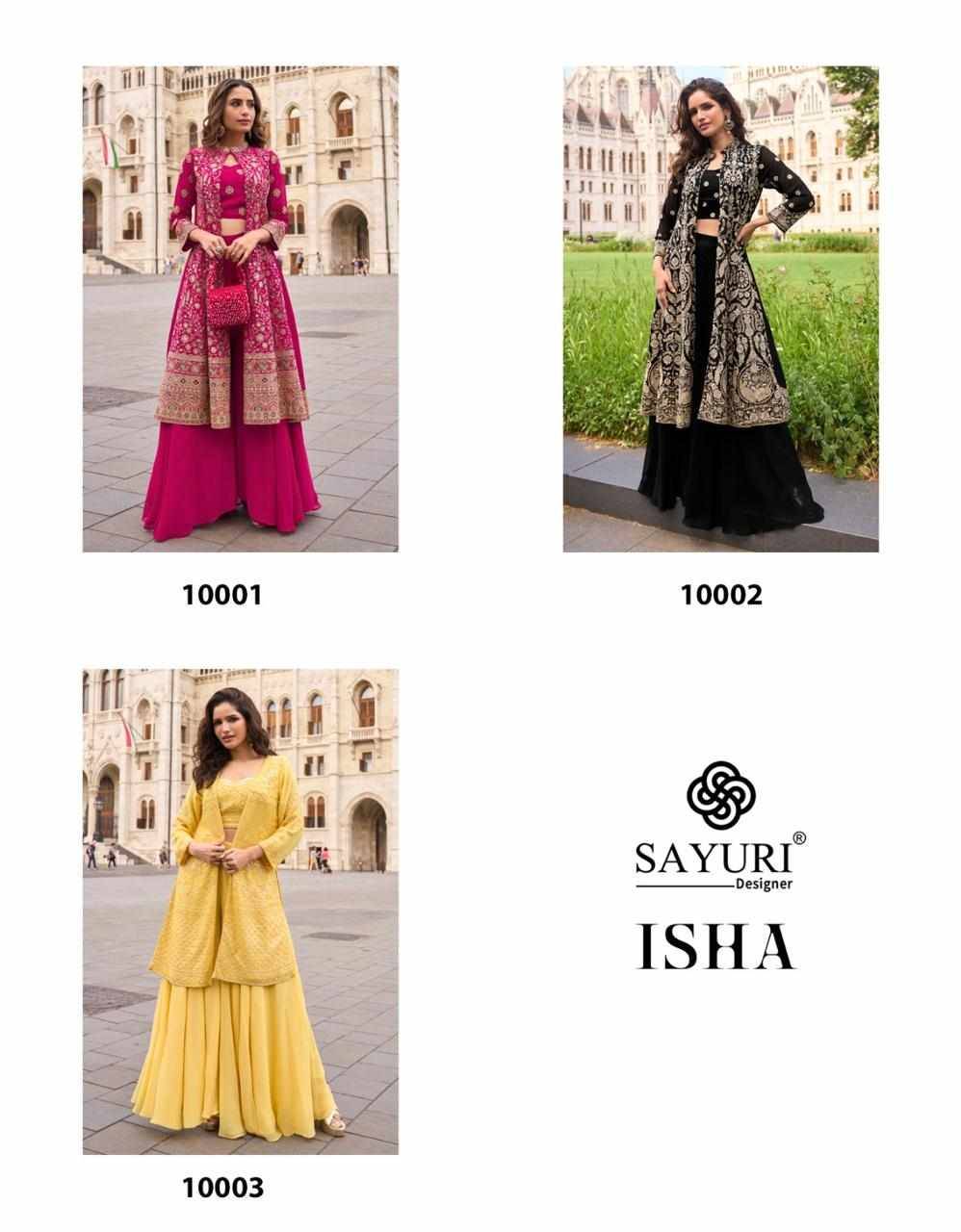 Isha By Sayuri 10001 To 10003 Series Designer Beautiful Festive Collection Occasional Wear & Party Wear Pure Georgette Crop Top With Bottom And Jacket At Wholesale Price