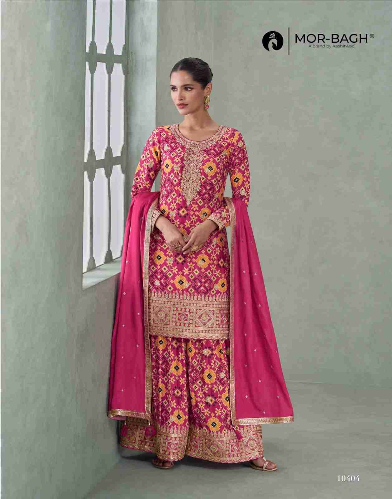 Mahira By Mor-Bagh 10404 To 10406 Series Beautiful Stylish Sharara Suits Fancy Colorful Casual Wear & Ethnic Wear & Ready To Wear Premium Chinnon Silk Dresses At Wholesale Price