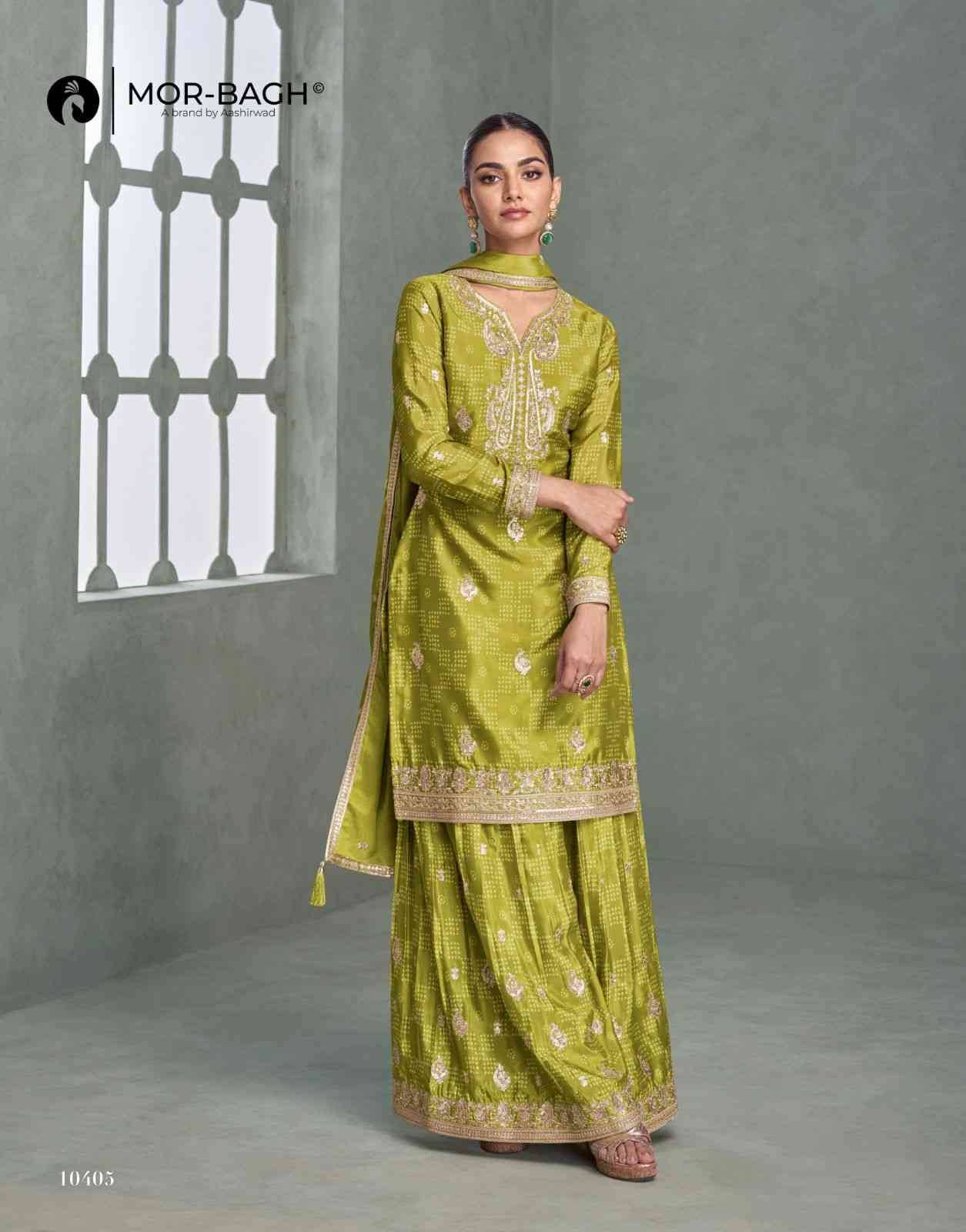 Mahira By Mor-Bagh 10404 To 10406 Series Beautiful Stylish Sharara Suits Fancy Colorful Casual Wear & Ethnic Wear & Ready To Wear Premium Chinnon Silk Dresses At Wholesale Price