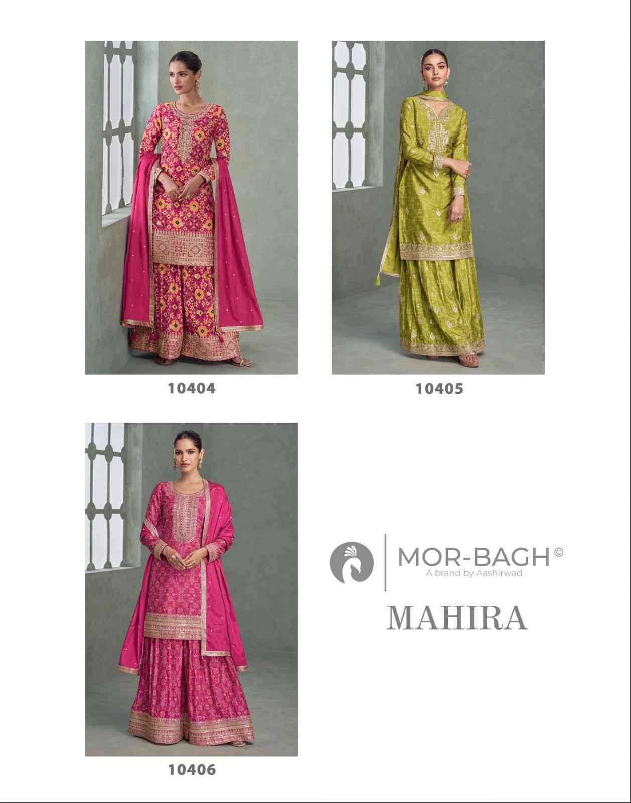 Mahira By Mor-Bagh 10404 To 10406 Series Beautiful Stylish Sharara Suits Fancy Colorful Casual Wear & Ethnic Wear & Ready To Wear Premium Chinnon Silk Dresses At Wholesale Price