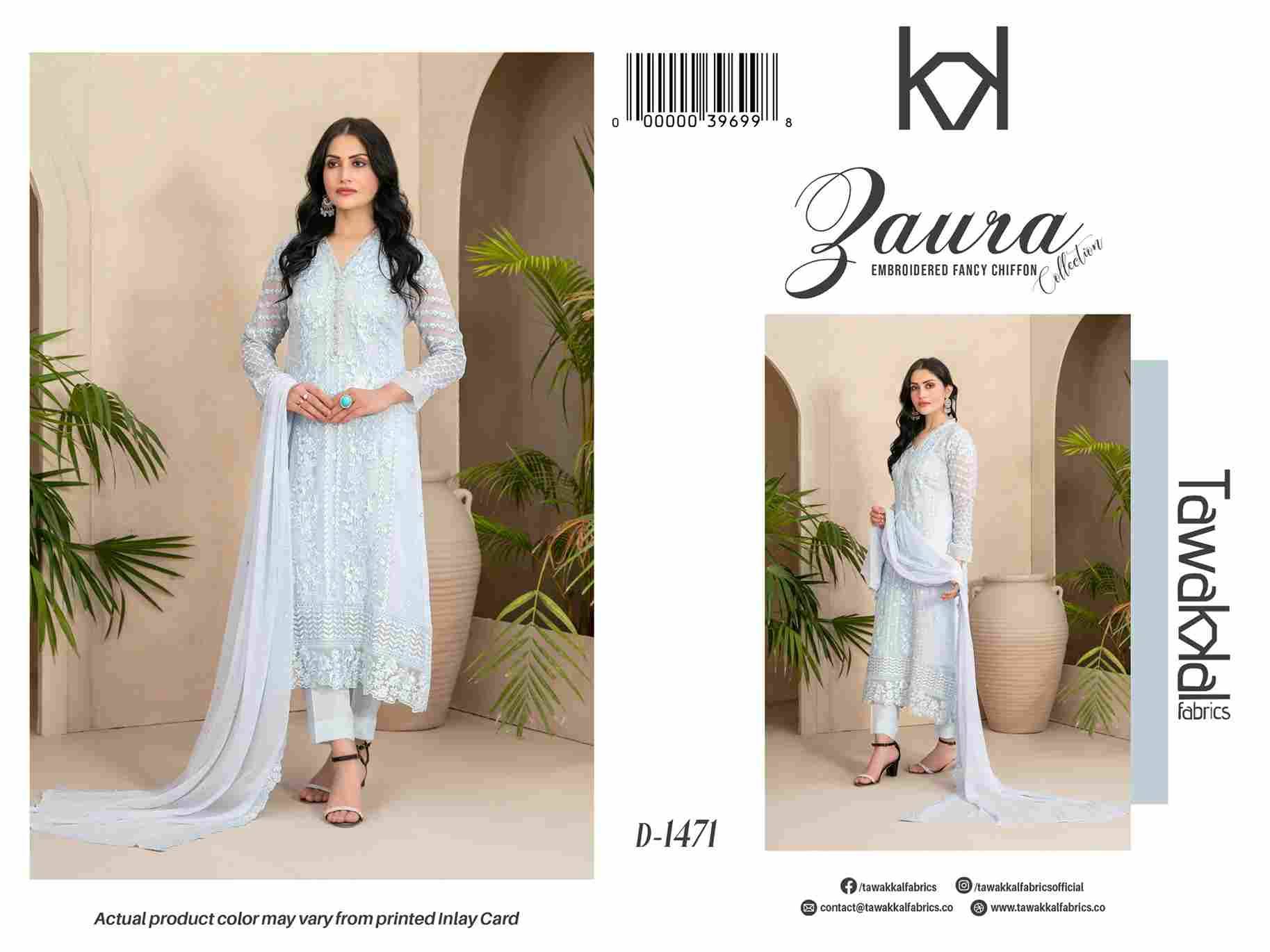 Original Pakistani Zaura By Tawakkal Fab 1471 To 1475 Series Beautiful Pakistani Suits Colorful Stylish Fancy Casual Wear & Ethnic Wear Chiffon Dresses At Wholesale Price