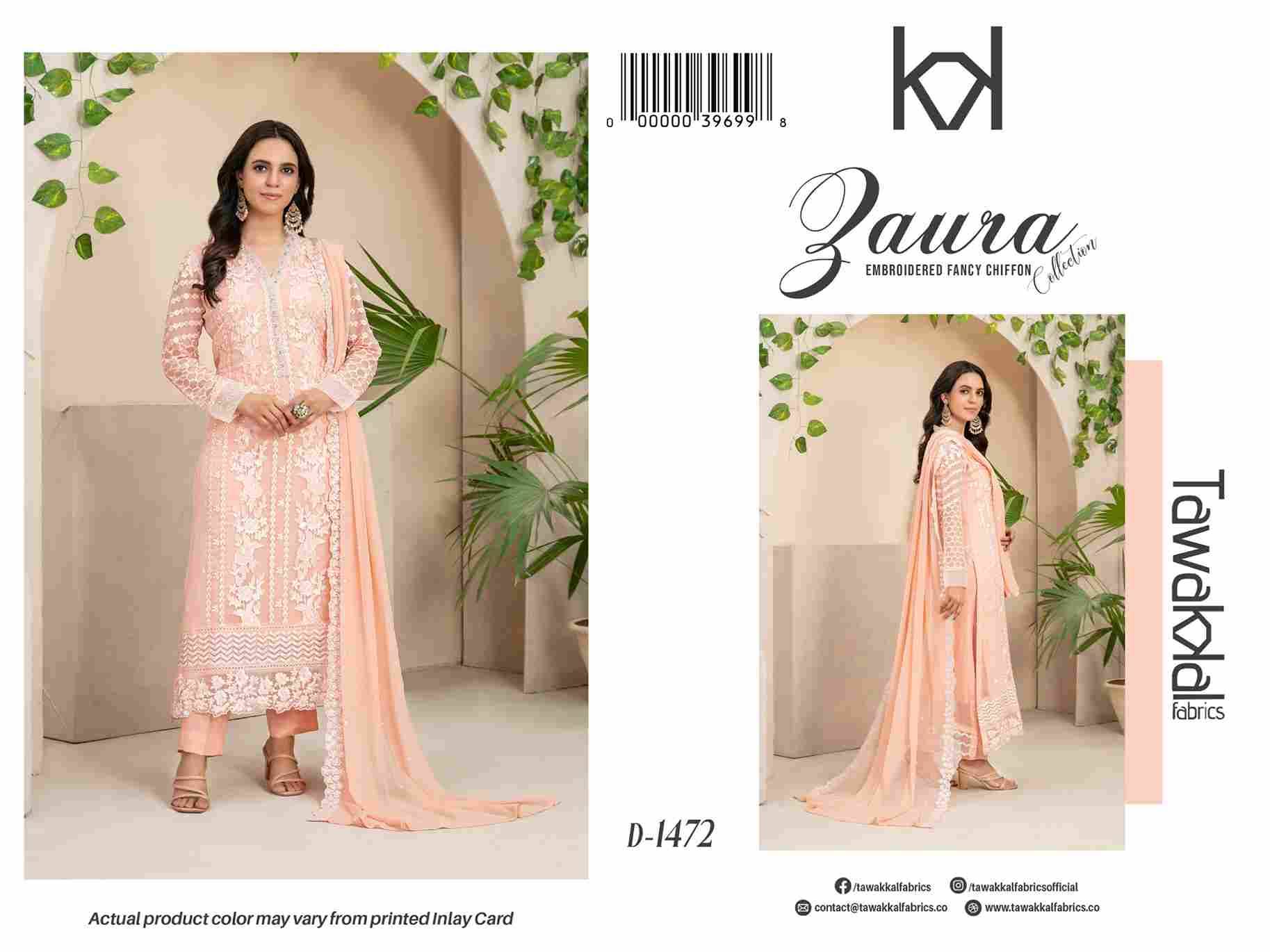 Original Pakistani Zaura By Tawakkal Fab 1471 To 1475 Series Beautiful Pakistani Suits Colorful Stylish Fancy Casual Wear & Ethnic Wear Chiffon Dresses At Wholesale Price