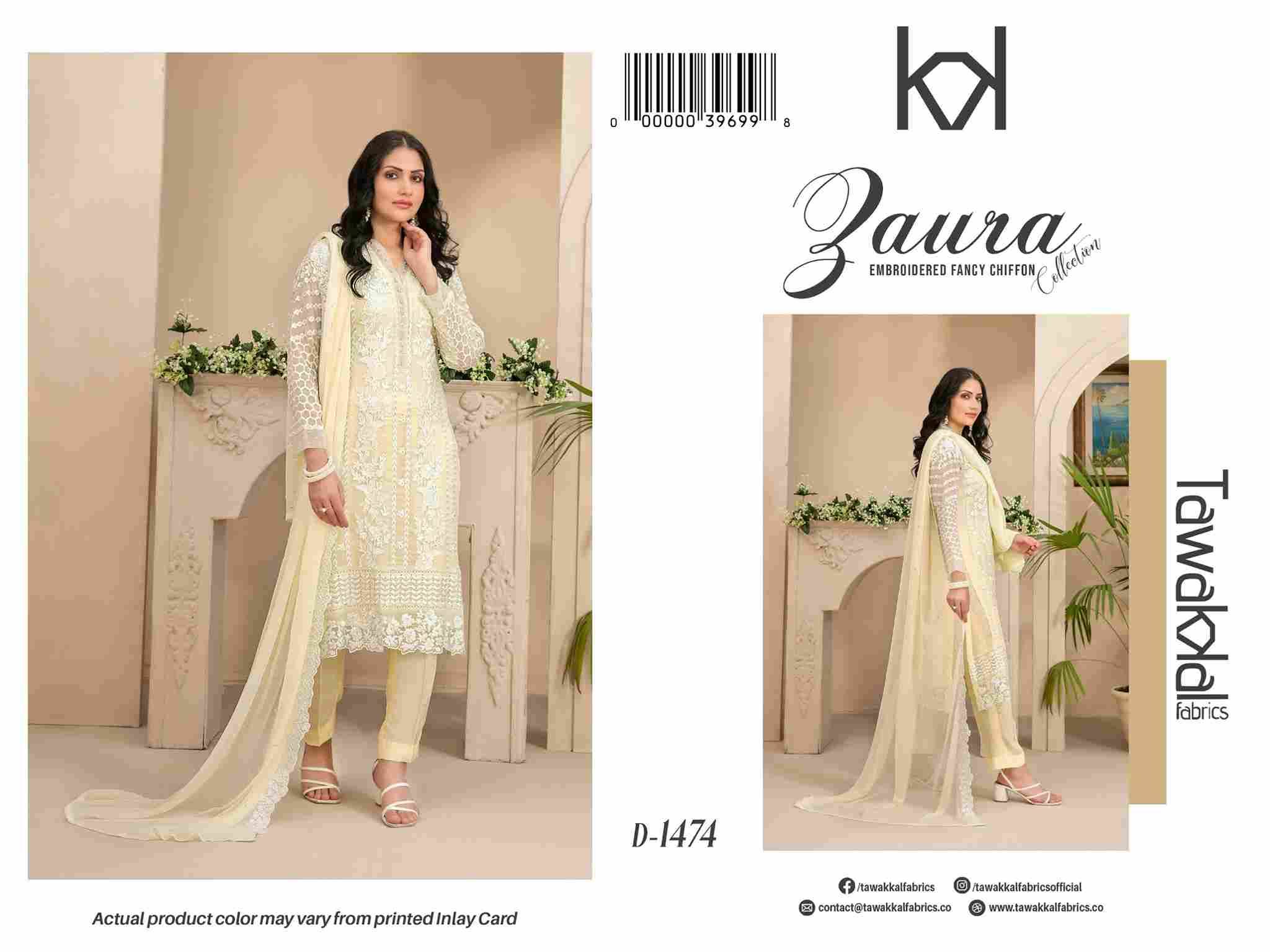 Original Pakistani Zaura By Tawakkal Fab 1471 To 1475 Series Beautiful Pakistani Suits Colorful Stylish Fancy Casual Wear & Ethnic Wear Chiffon Dresses At Wholesale Price