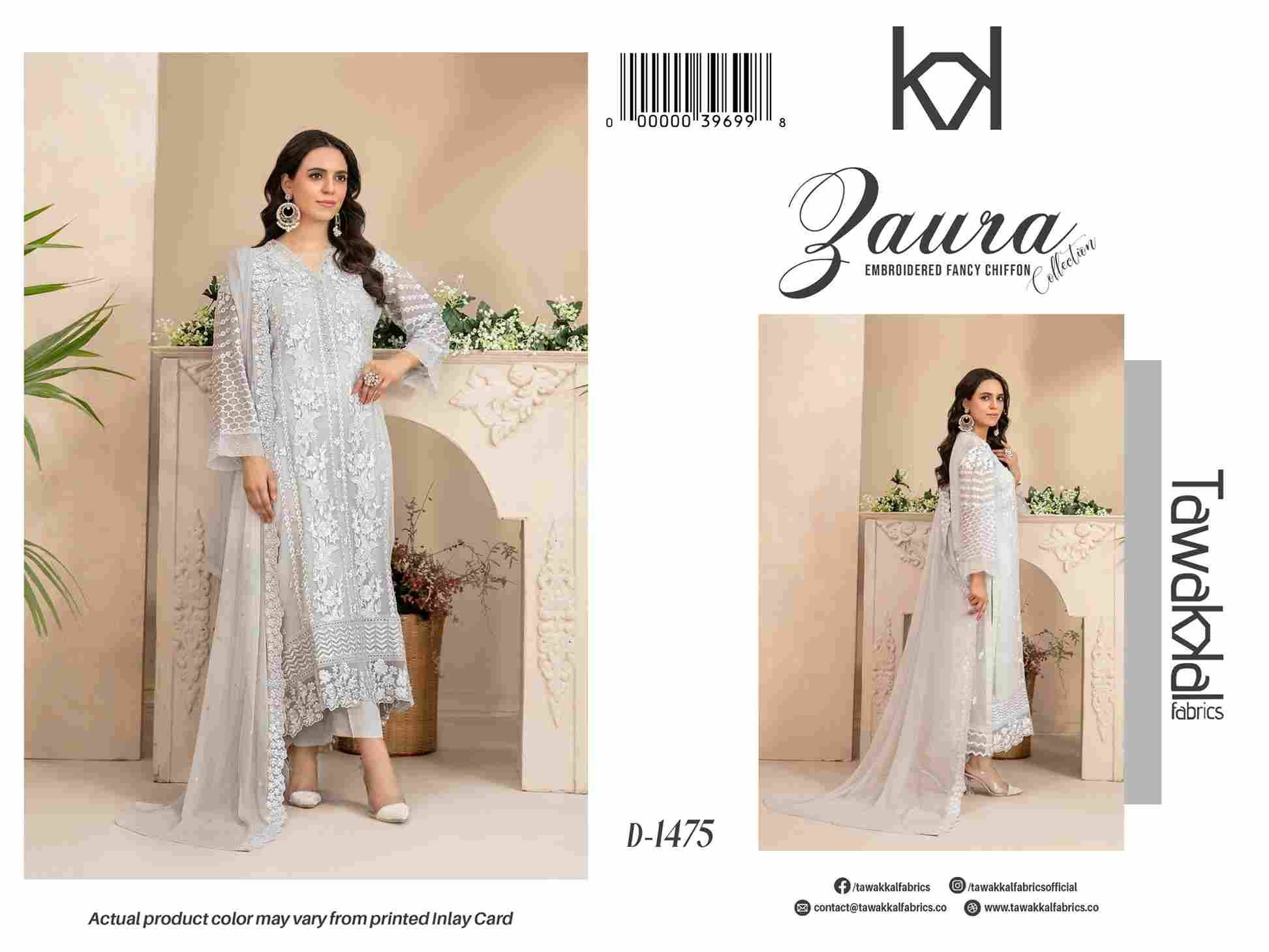 Original Pakistani Zaura By Tawakkal Fab 1471 To 1475 Series Beautiful Pakistani Suits Colorful Stylish Fancy Casual Wear & Ethnic Wear Chiffon Dresses At Wholesale Price