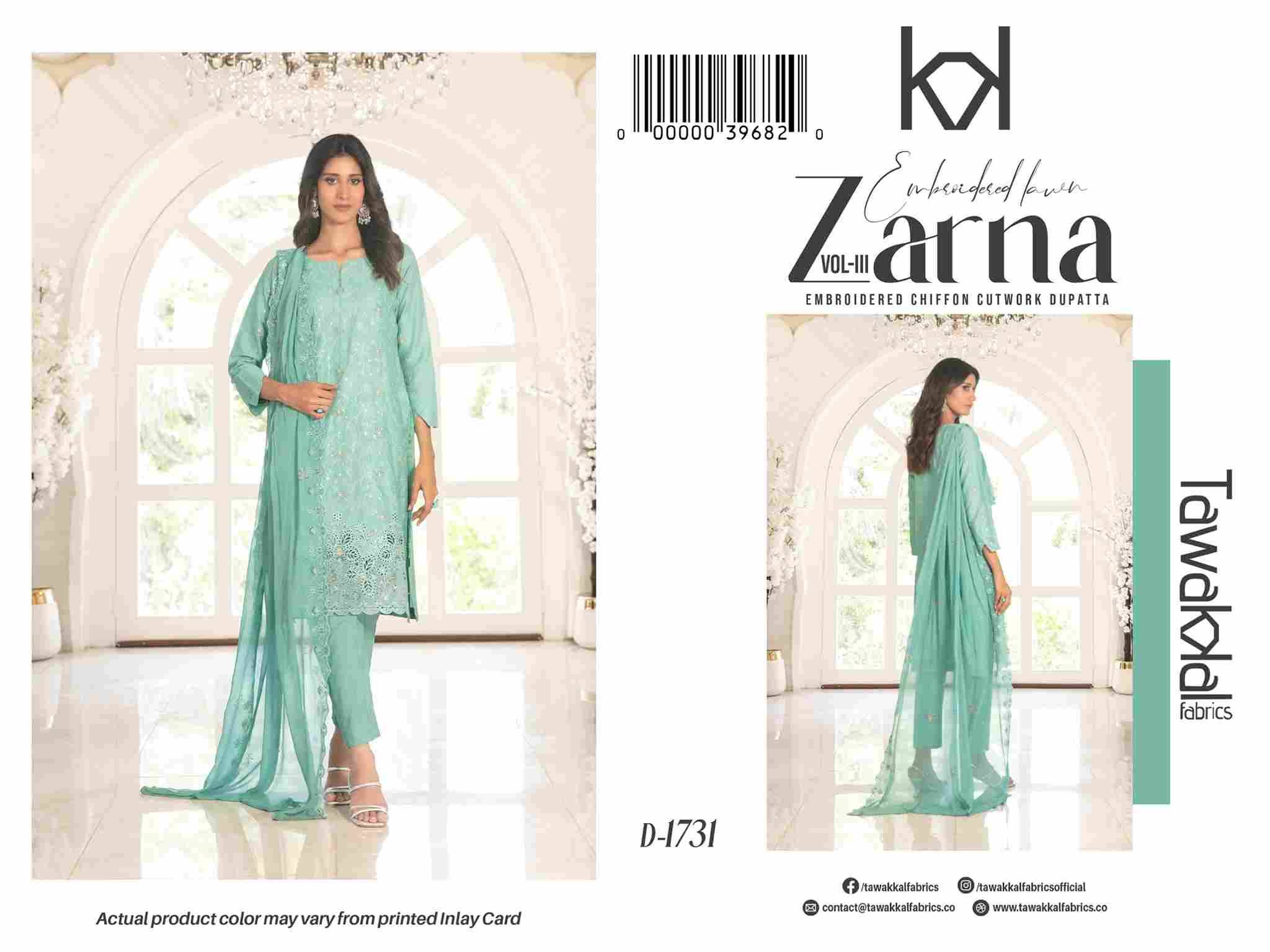 Original Pakistani Zarna Vol-3 By Tawakkal Fab 1731 To 1741 Series Beautiful Pakistani Suits Colorful Stylish Fancy Casual Wear & Ethnic Wear Lawn Dresses At Wholesale Price