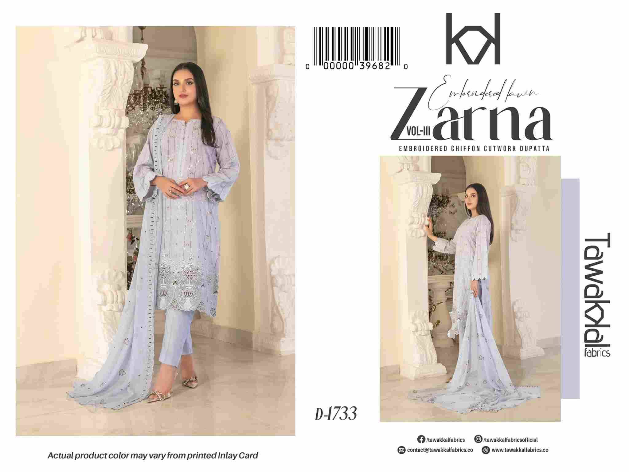 Original Pakistani Zarna Vol-3 By Tawakkal Fab 1731 To 1741 Series Beautiful Pakistani Suits Colorful Stylish Fancy Casual Wear & Ethnic Wear Lawn Dresses At Wholesale Price