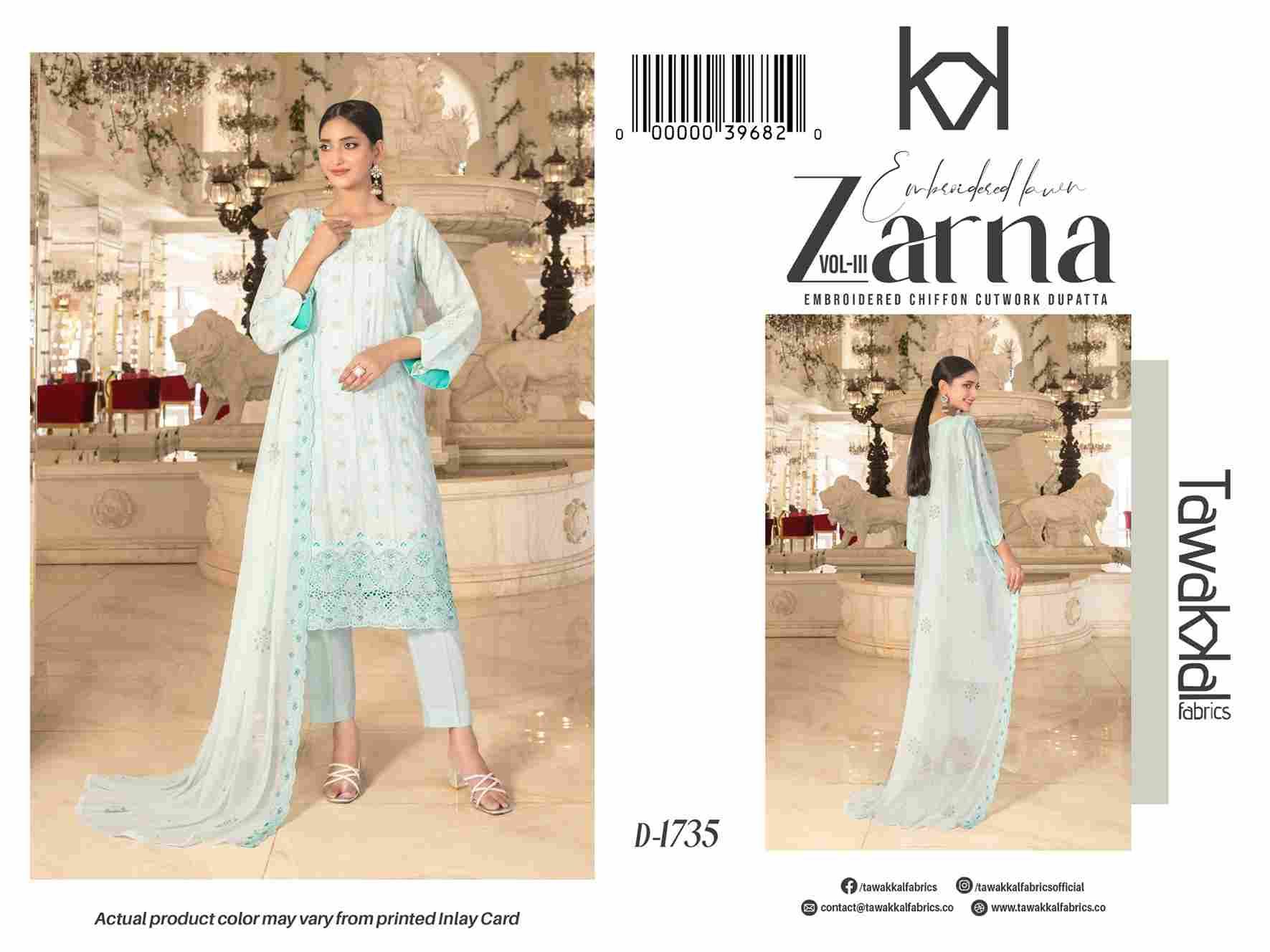 Original Pakistani Zarna Vol-3 By Tawakkal Fab 1731 To 1741 Series Beautiful Pakistani Suits Colorful Stylish Fancy Casual Wear & Ethnic Wear Lawn Dresses At Wholesale Price