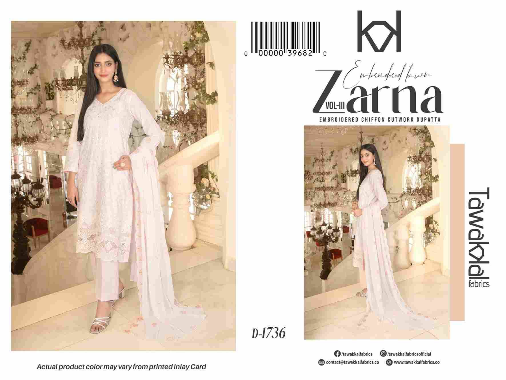 Original Pakistani Zarna Vol-3 By Tawakkal Fab 1731 To 1741 Series Beautiful Pakistani Suits Colorful Stylish Fancy Casual Wear & Ethnic Wear Lawn Dresses At Wholesale Price
