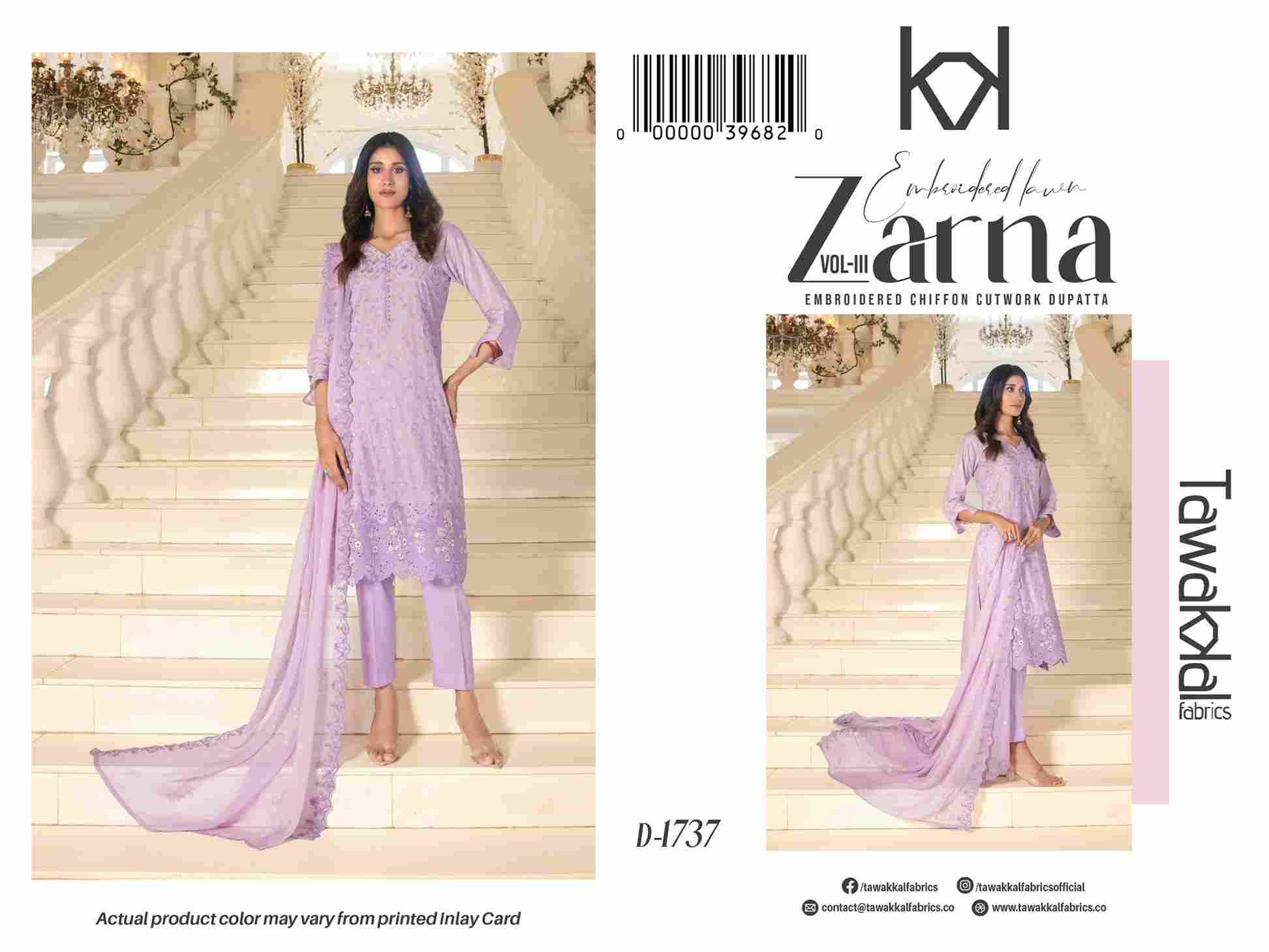 Original Pakistani Zarna Vol-3 By Tawakkal Fab 1731 To 1741 Series Beautiful Pakistani Suits Colorful Stylish Fancy Casual Wear & Ethnic Wear Lawn Dresses At Wholesale Price