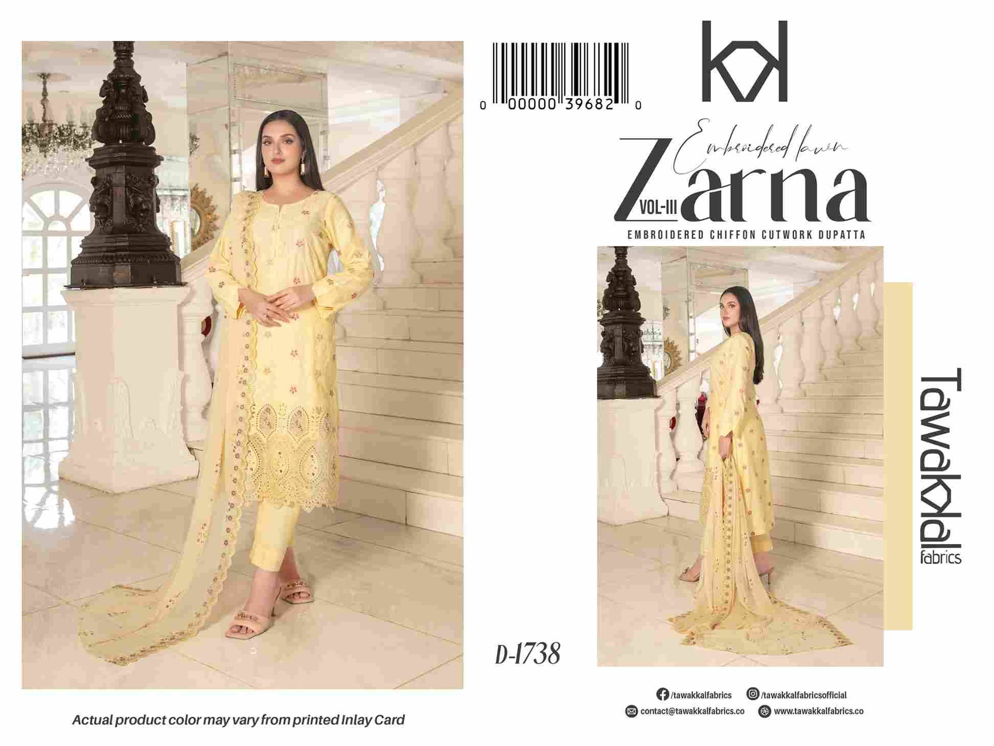 Original Pakistani Zarna Vol-3 By Tawakkal Fab 1731 To 1741 Series Beautiful Pakistani Suits Colorful Stylish Fancy Casual Wear & Ethnic Wear Lawn Dresses At Wholesale Price