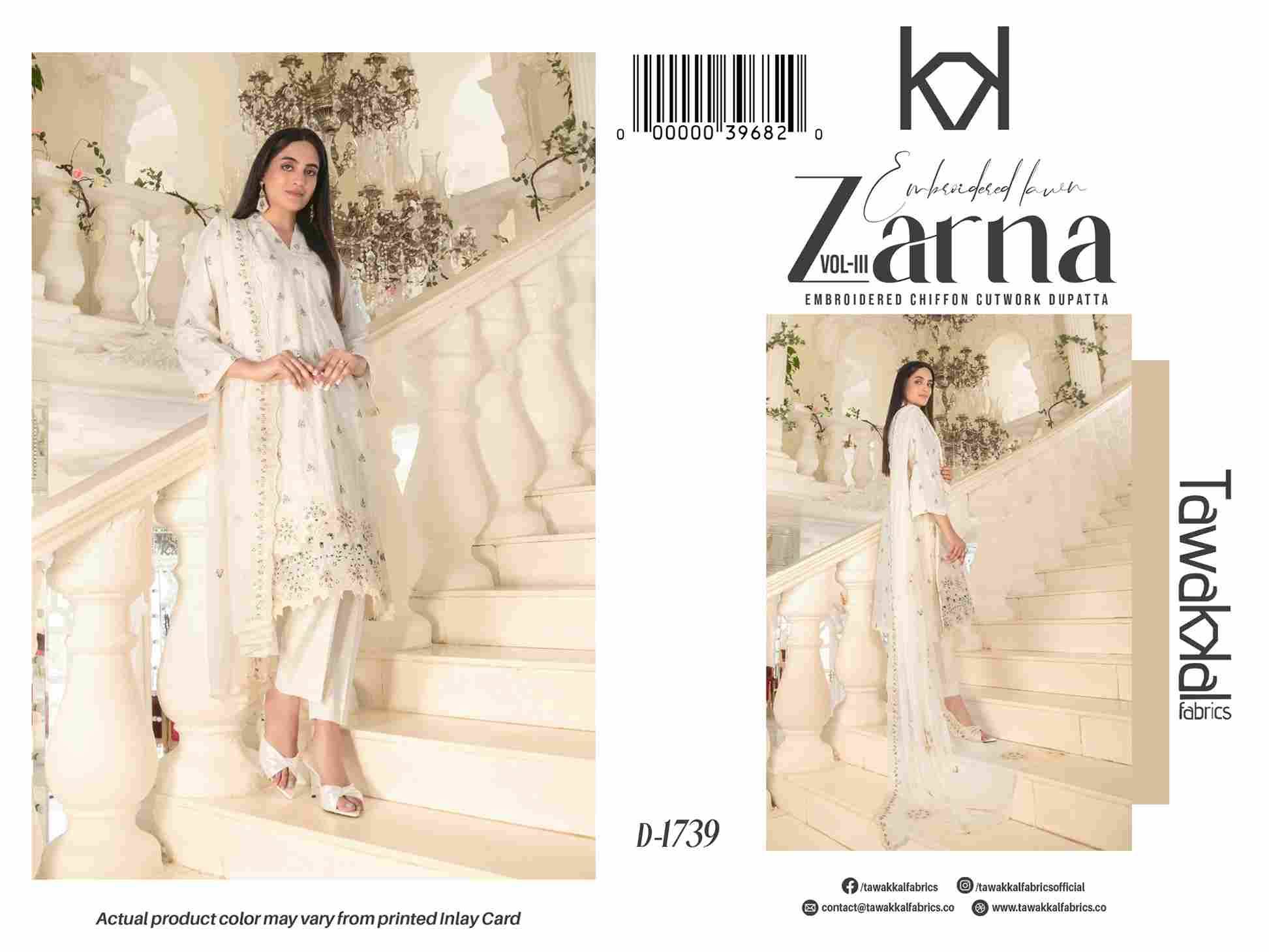 Original Pakistani Zarna Vol-3 By Tawakkal Fab 1731 To 1741 Series Beautiful Pakistani Suits Colorful Stylish Fancy Casual Wear & Ethnic Wear Lawn Dresses At Wholesale Price