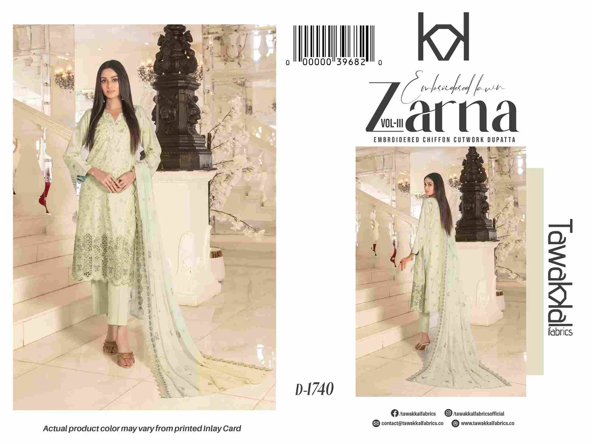 Original Pakistani Zarna Vol-3 By Tawakkal Fab 1731 To 1741 Series Beautiful Pakistani Suits Colorful Stylish Fancy Casual Wear & Ethnic Wear Lawn Dresses At Wholesale Price