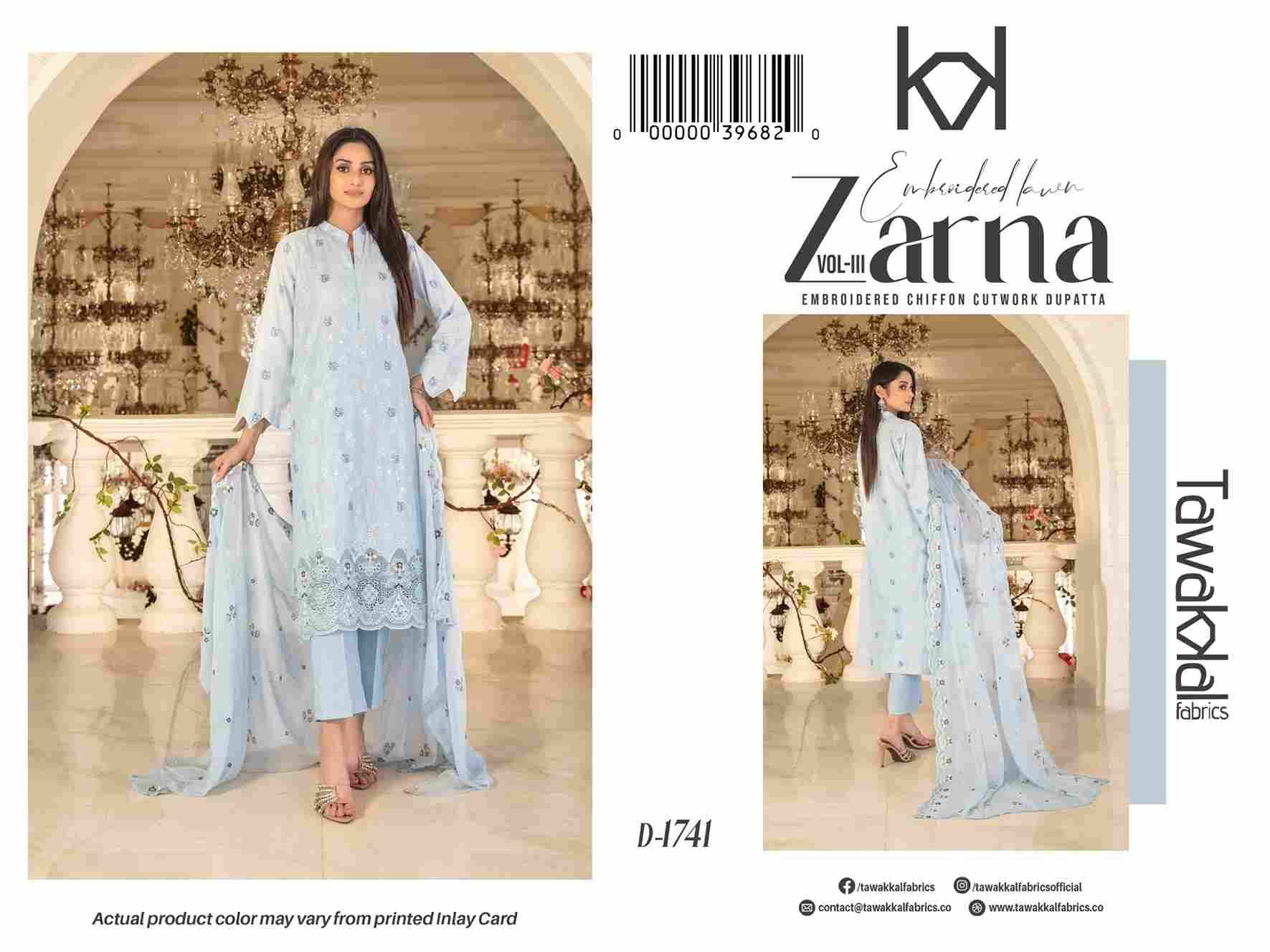 Original Pakistani Zarna Vol-3 By Tawakkal Fab 1731 To 1741 Series Beautiful Pakistani Suits Colorful Stylish Fancy Casual Wear & Ethnic Wear Lawn Dresses At Wholesale Price