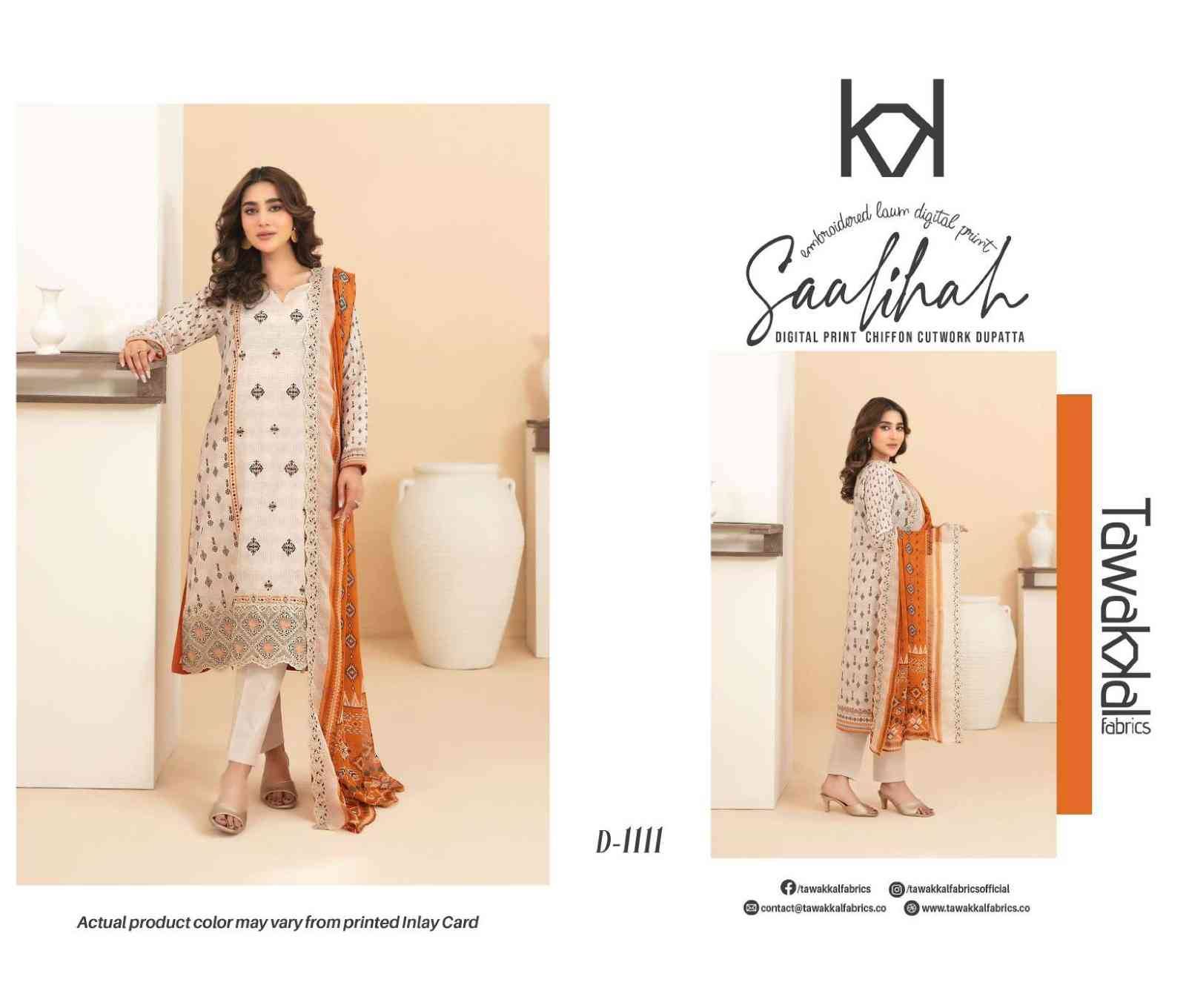 Original Pakistani Saalihah By Tawakkal Fab 1111 To 1120 Series Beautiful Pakistani Suits Colorful Stylish Fancy Casual Wear & Ethnic Wear Lawn Dresses At Wholesale Price