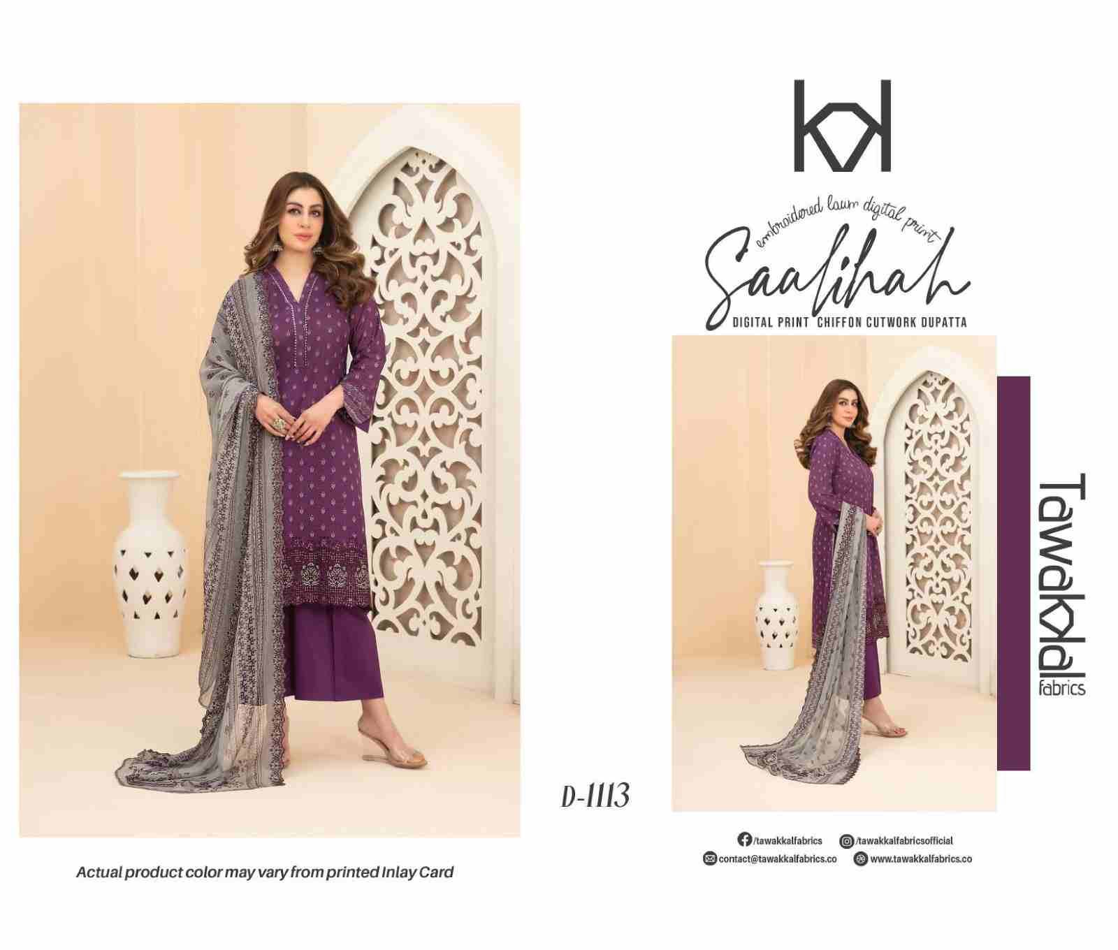 Original Pakistani Saalihah By Tawakkal Fab 1111 To 1120 Series Beautiful Pakistani Suits Colorful Stylish Fancy Casual Wear & Ethnic Wear Lawn Dresses At Wholesale Price