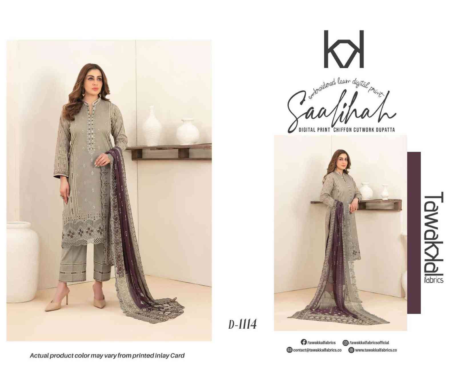 Original Pakistani Saalihah By Tawakkal Fab 1111 To 1120 Series Beautiful Pakistani Suits Colorful Stylish Fancy Casual Wear & Ethnic Wear Lawn Dresses At Wholesale Price