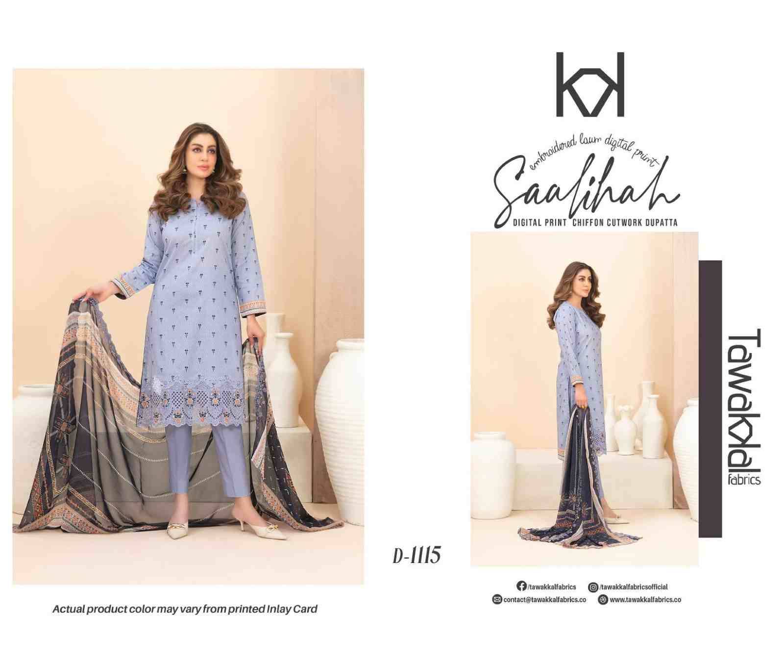 Original Pakistani Saalihah By Tawakkal Fab 1111 To 1120 Series Beautiful Pakistani Suits Colorful Stylish Fancy Casual Wear & Ethnic Wear Lawn Dresses At Wholesale Price