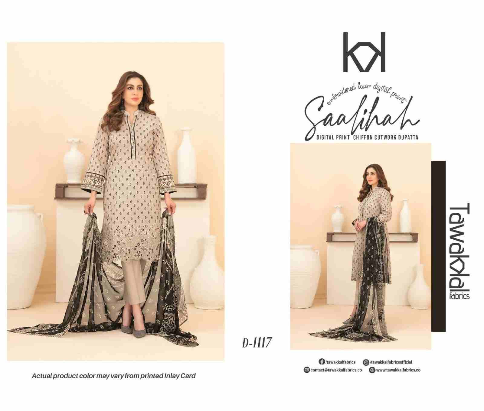 Original Pakistani Saalihah By Tawakkal Fab 1111 To 1120 Series Beautiful Pakistani Suits Colorful Stylish Fancy Casual Wear & Ethnic Wear Lawn Dresses At Wholesale Price