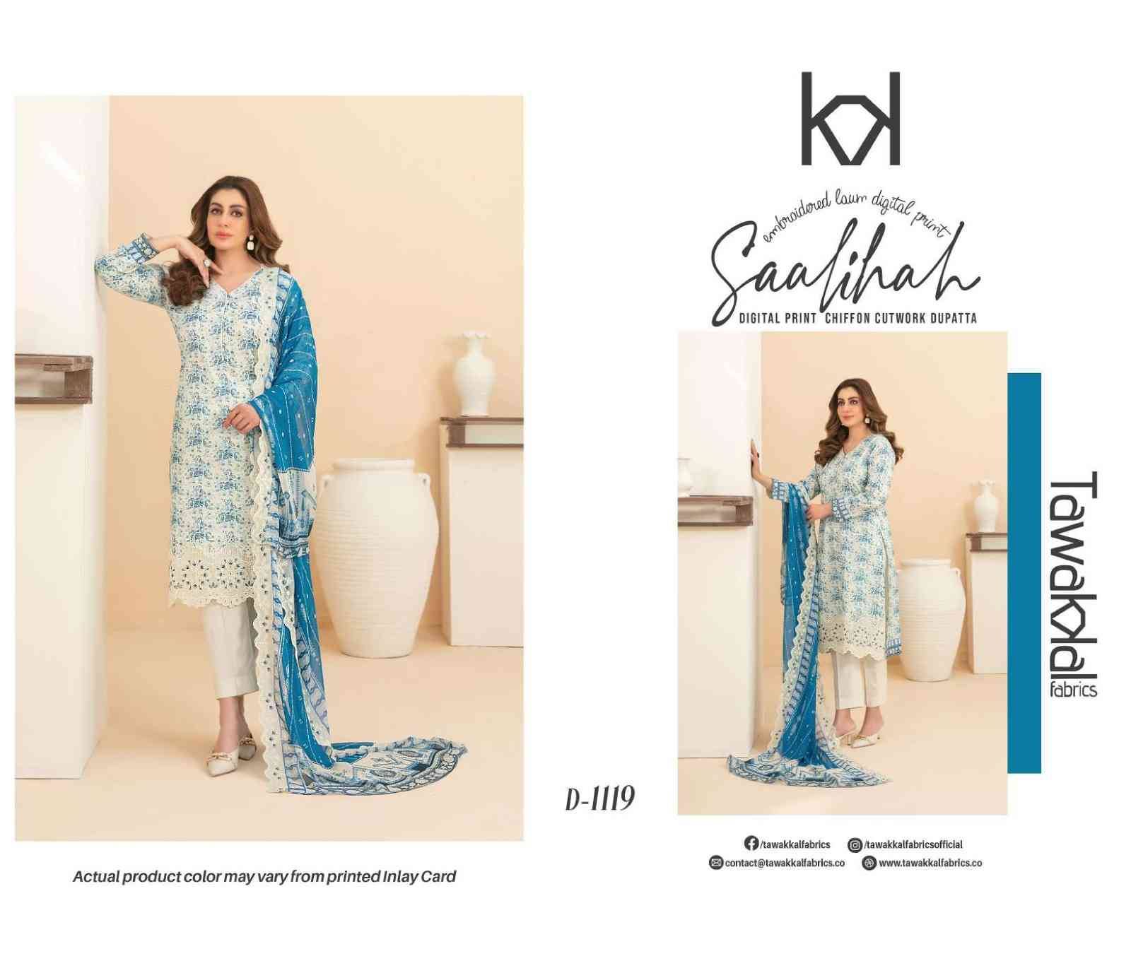 Original Pakistani Saalihah By Tawakkal Fab 1111 To 1120 Series Beautiful Pakistani Suits Colorful Stylish Fancy Casual Wear & Ethnic Wear Lawn Dresses At Wholesale Price