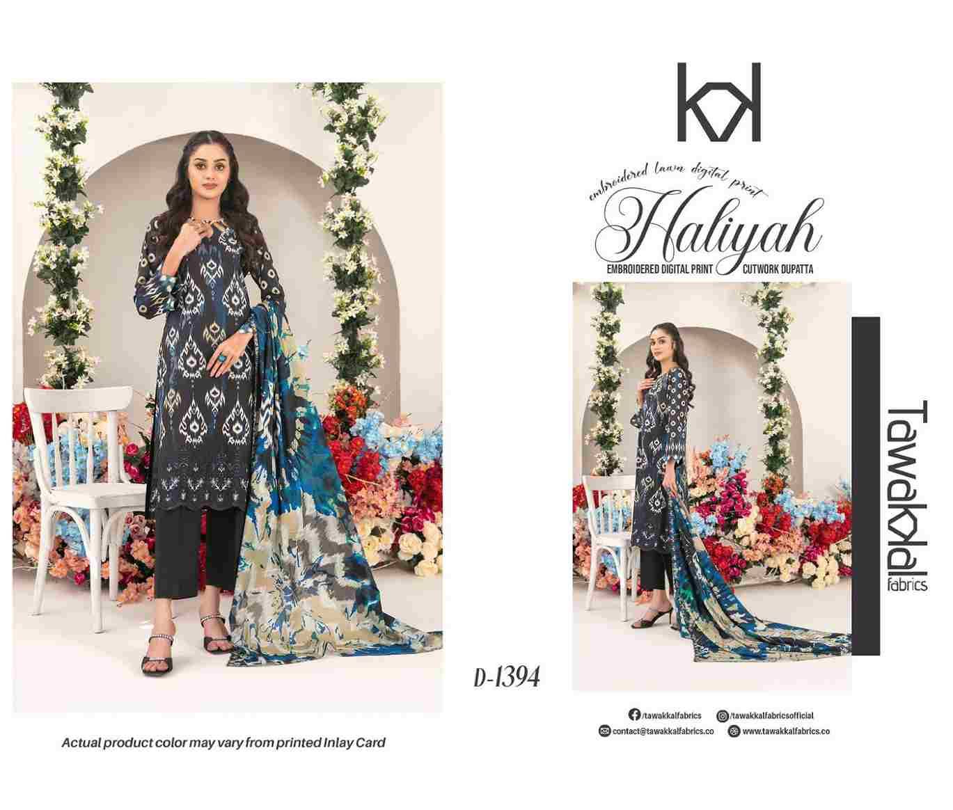 Original Pakistani Haliyah By Tawakkal Fab 1391 To 1397 Series Beautiful Pakistani Suits Colorful Stylish Fancy Casual Wear & Ethnic Wear Lawn Dresses At Wholesale Price