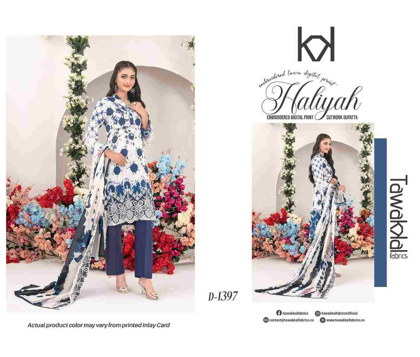 Original Pakistani Haliyah By Tawakkal Fab 1391 To 1397 Series Beautiful Pakistani Suits Colorful Stylish Fancy Casual Wear & Ethnic Wear Lawn Dresses At Wholesale Price