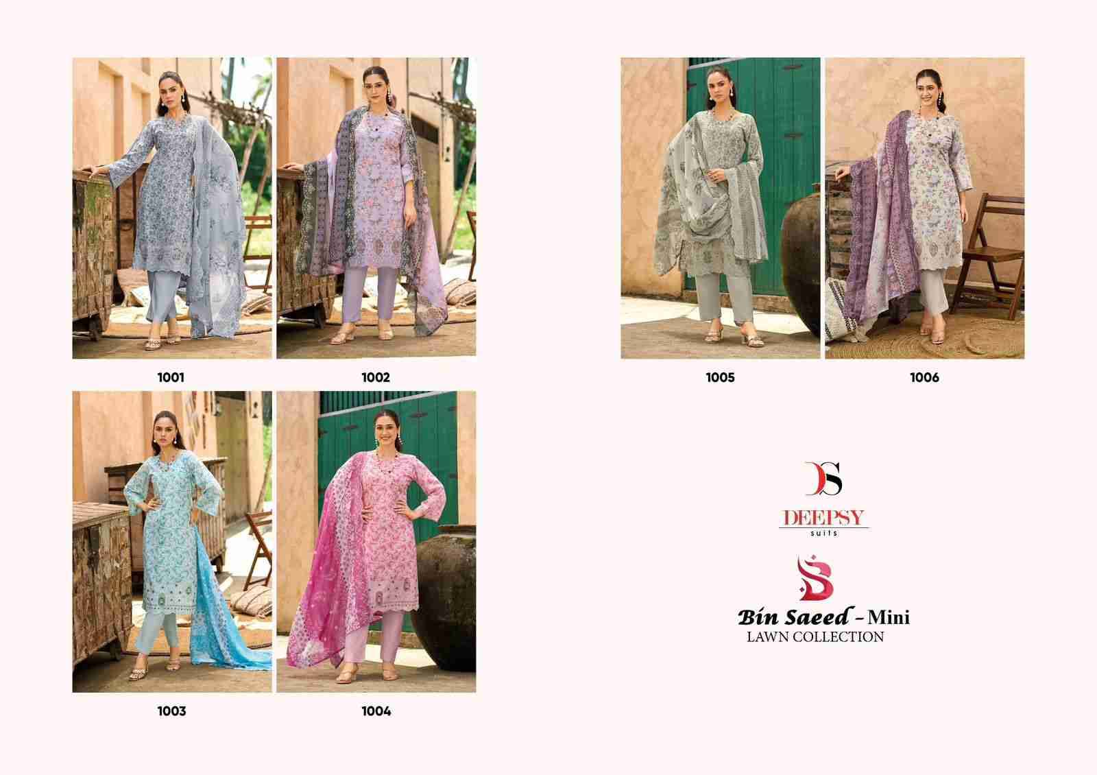 Bin Saeed Mini Lawn Collection By Deepsy Suits 1001 To 1006 Series Designer Pakistani Suits Beautiful Stylish Fancy Colorful Party Wear & Occasional Wear Pure Cotton Dresses At Wholesale Price