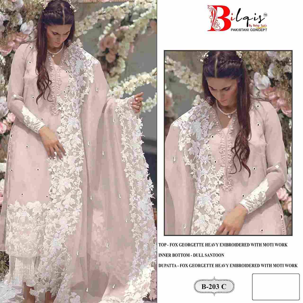 Bilqis 203 Colours By Bilqis 203-A To 203-D Series Beautiful Pakistani Suits Stylish Fancy Colorful Party Wear & Occasional Wear Faux Georgette Embroidery Dresses At Wholesale Price